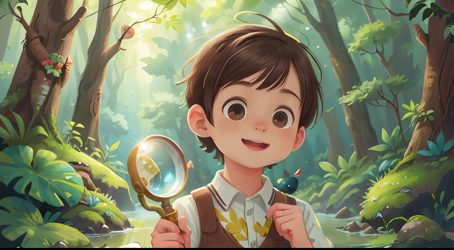 Pretty brunette boy holding a magnifying glass looking at an insect on a leaf, Behind it is a lush expanse of forest，Clear and beautiful river , um dia ensolarado, (tmasterpiece: 1.2) (realisticlying: 1.2) (Bokeh) (best qualityer) (Detailed skins: 1.3) (intricately details) (8K) (eye detailed) (foco nítido), (cheerfulness)（Bright and clean colors）