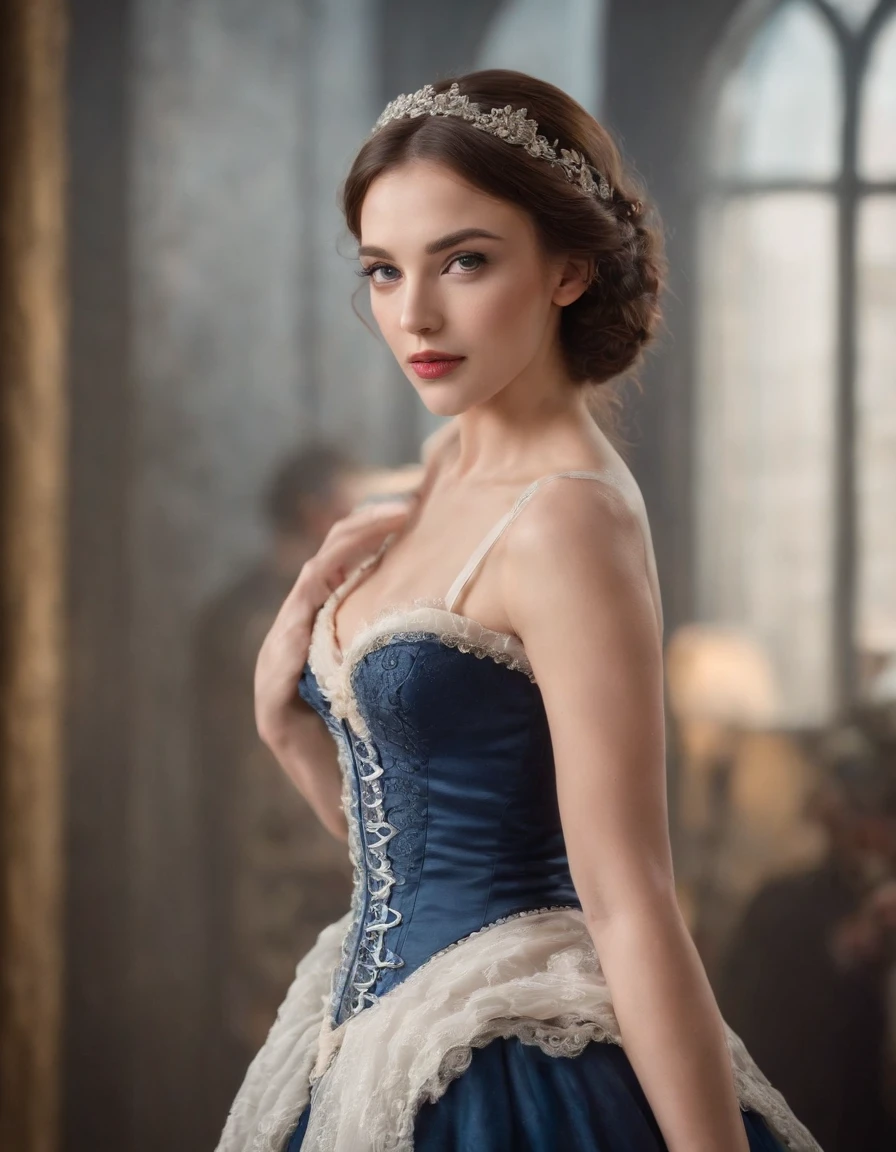 Masterpiece, absurdres, fine detail, HDR, highly detailed face and eyes, photoreal, burlesque, full body portrait of a young woman in a dark-blue and white costume ,wearing burlesque, wearing a corset , long dress , blurry background, hqphoto_portrait