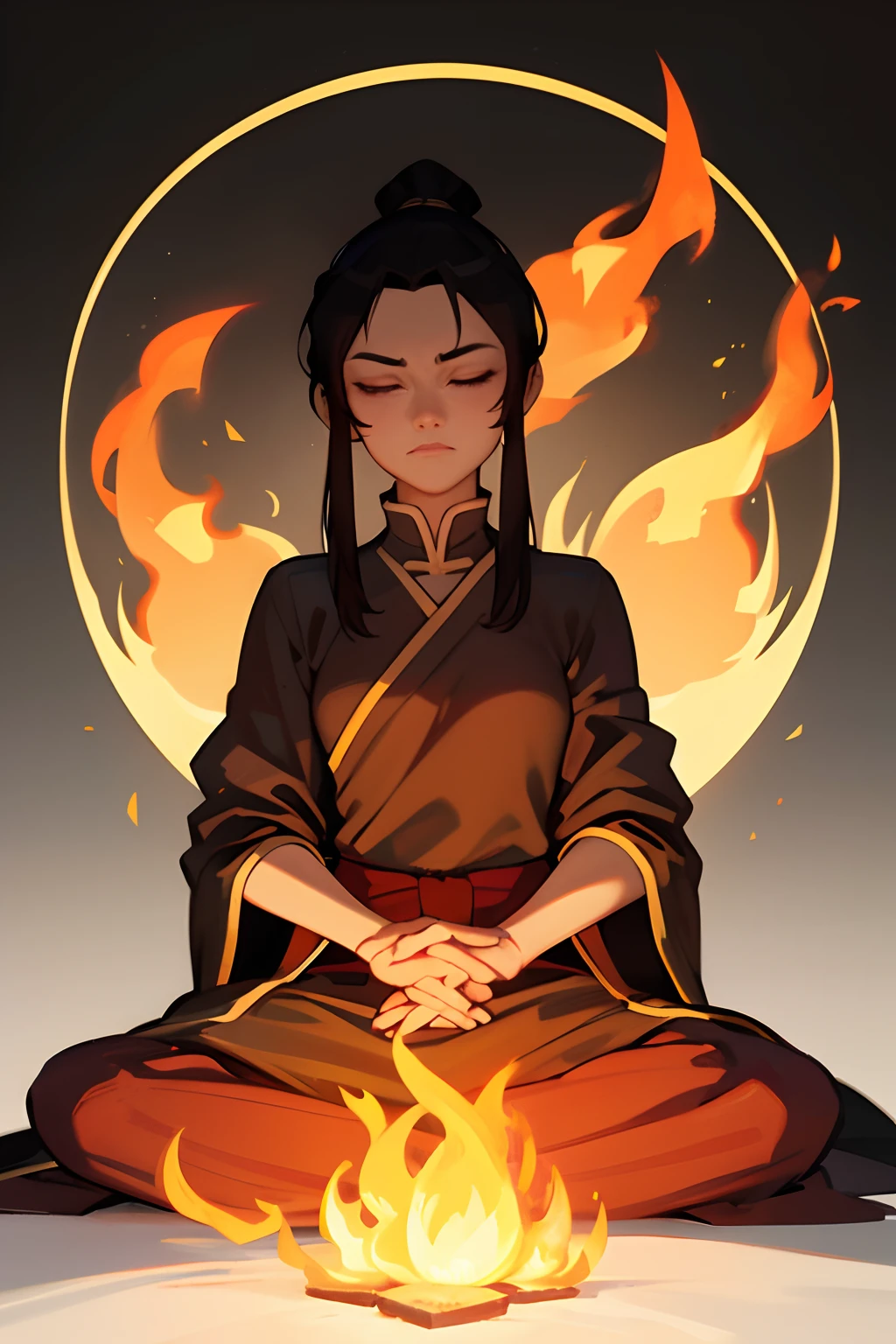 masterpiece, best quality, 1girl, azula, fire nation clothes, azula (avatar the last airbender), solo, black hair, fire, dark, long hair, topknot, serious, closed eyes, meditating, sitting, avatar meditation, 14 year old, white background, azula from avatar the last airbender, princess azula, eyes open, pure white eyes, avatar arrows