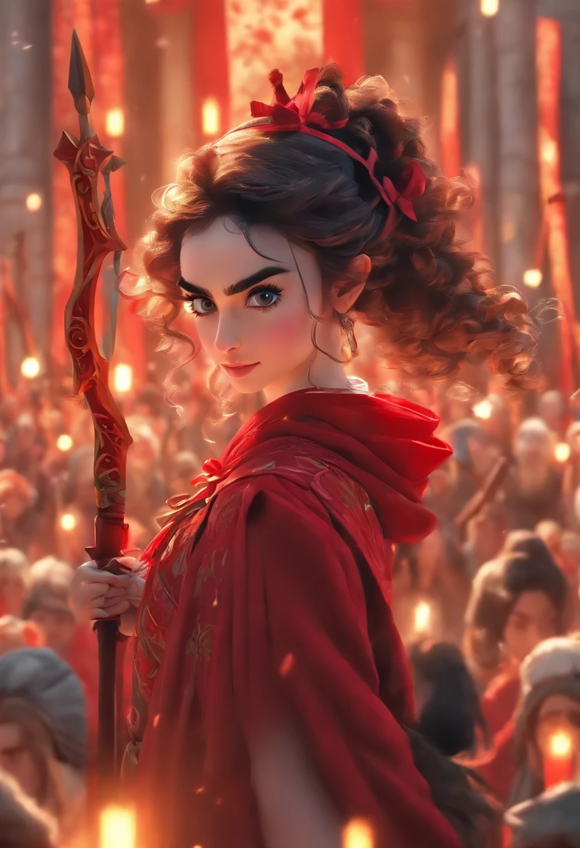 Lily Collins with curly black hair with red headdress, medieval clothes, Bow and arrow at hand, Entry to a square full of stands and the audience watching the detailed illustration, Smooth and bright, HD Art by Leo Citemer