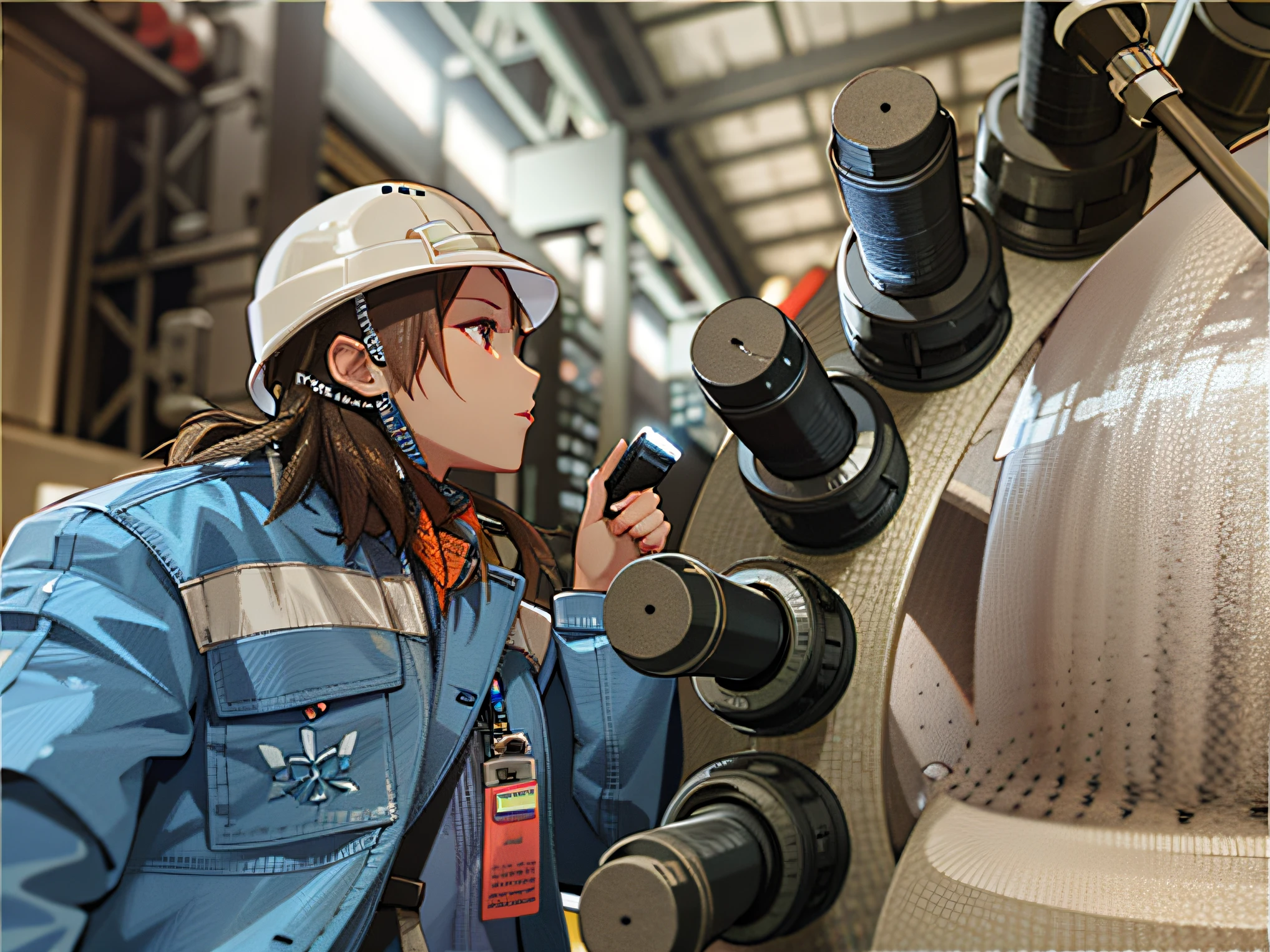 Female engineer in hard hat and blue jacket standing next to a large machine,View the machine with a flashlight in hand