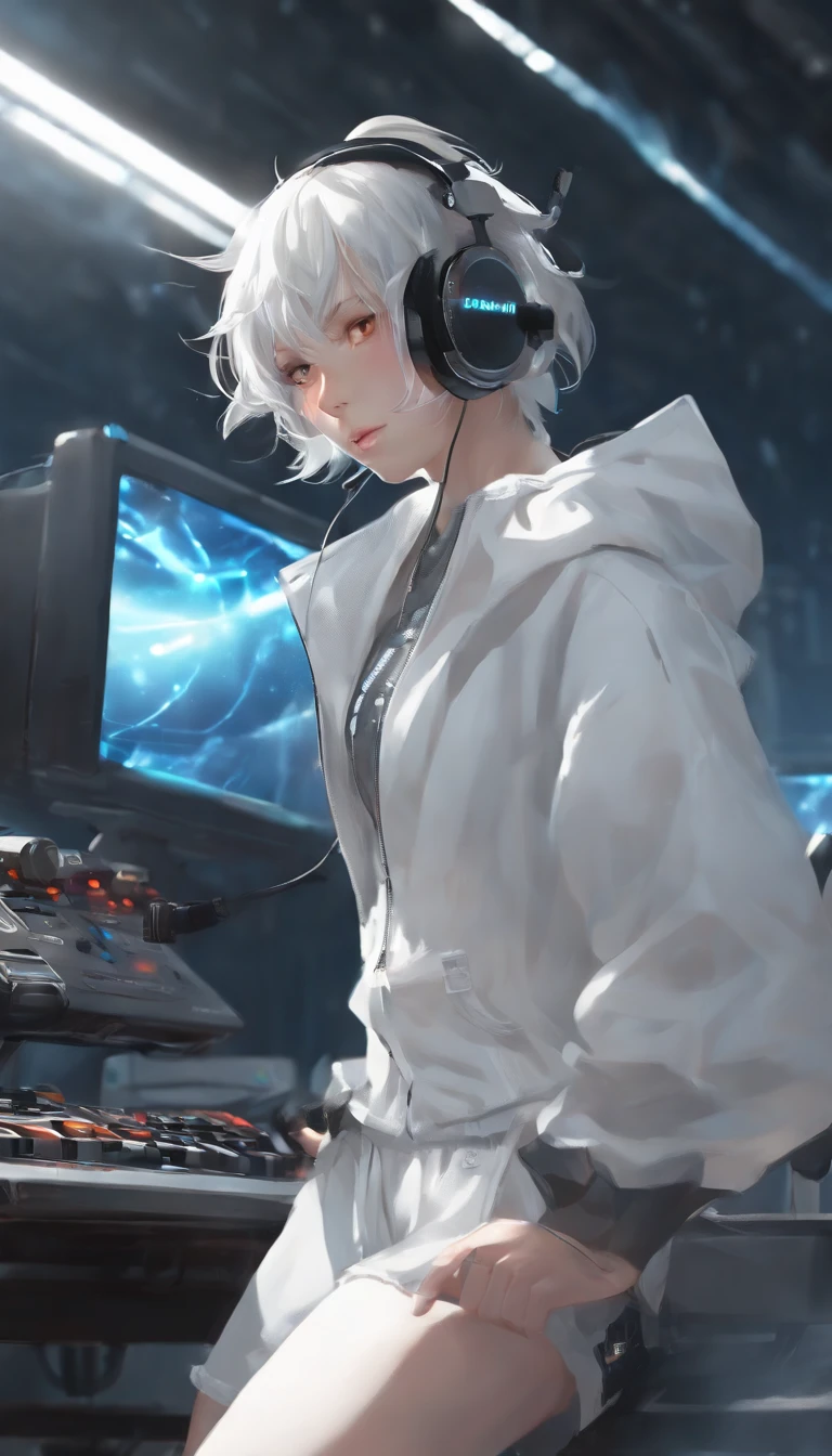 masutepiece, Best quality, Colorful, The boy with white hair, (((messy hair style))), 1 girl, Light blue strabismus, tusks, Touch the translucent panel, In dark voids filled with small glare particles, ((((White tracksuit, White shorts, Barefoot)))), Playing games, (((Hold a game controller, Gamepad))), (((Squat))), streamer, Many computer screens, Monitors, rete, Dramatic perspective, Dynamic pose, (Close-up of facial focus:1.2), wearing cat ear headphones, to contrast, Color combinations, Bright, depth of fields, high resolution, highly intricate detail, Dramatic shadows, Global illumination