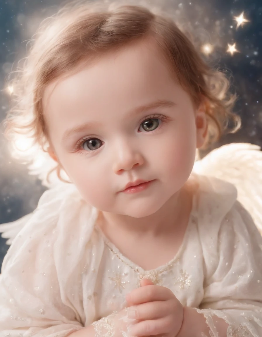 up close photo of(adorable little angel:1.5),(desenho animado:1.3),(sky with starry clouds:1.2)，（ masterpiece,photorealistic,:1.4），(Fujifilm XT3:1.2)