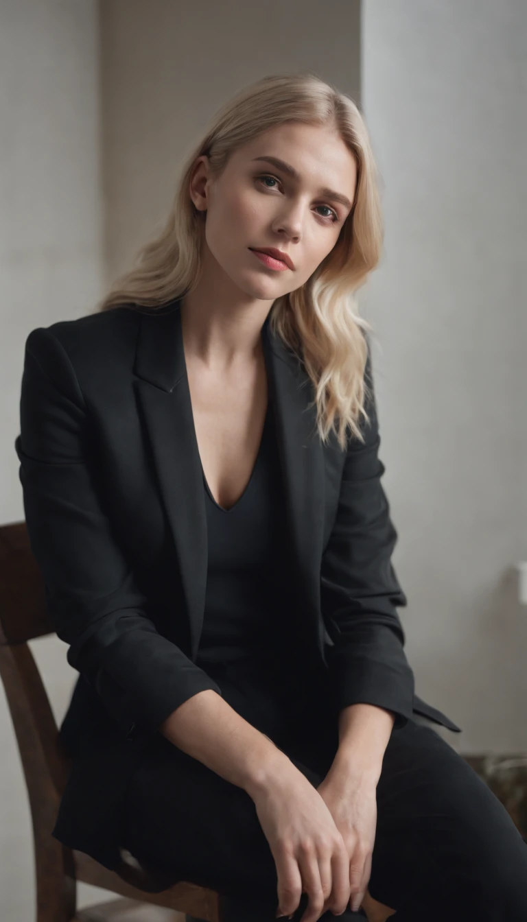 a blonde queer woman sitting on a black stool in a black jacket, in the style of minimalist, cute and quirky, nautical charm, kodak ektar 100, uniformly staged images, queer academia, genderless, deconstructed tailoring, classic rock