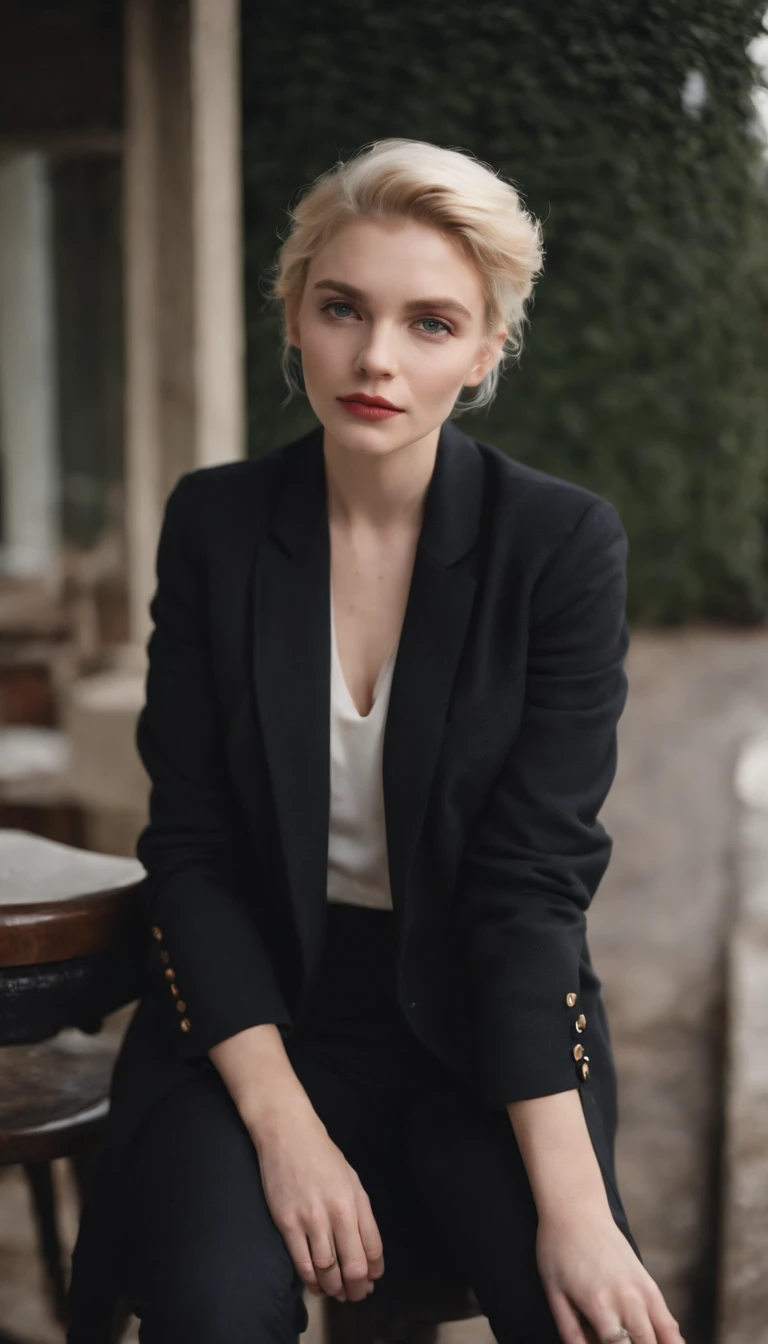 a blonde queer woman sitting on a black stool in a black jacket, in the style of minimalist, cute and quirky, nautical charm, kodak ektar 100, uniformly staged images, queer academia, genderless, deconstructed tailoring, classic rock