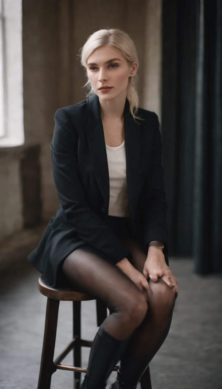 a blonde queer woman sitting on a black stool in a black jacket, in the style of minimalist, cute and quirky, nautical charm, kodak ektar 100, uniformly staged images, queer academia, genderless, deconstructed tailoring, classic rock