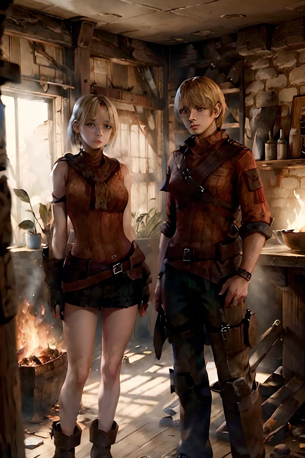 Ashley standing with leon in a house ful of fire