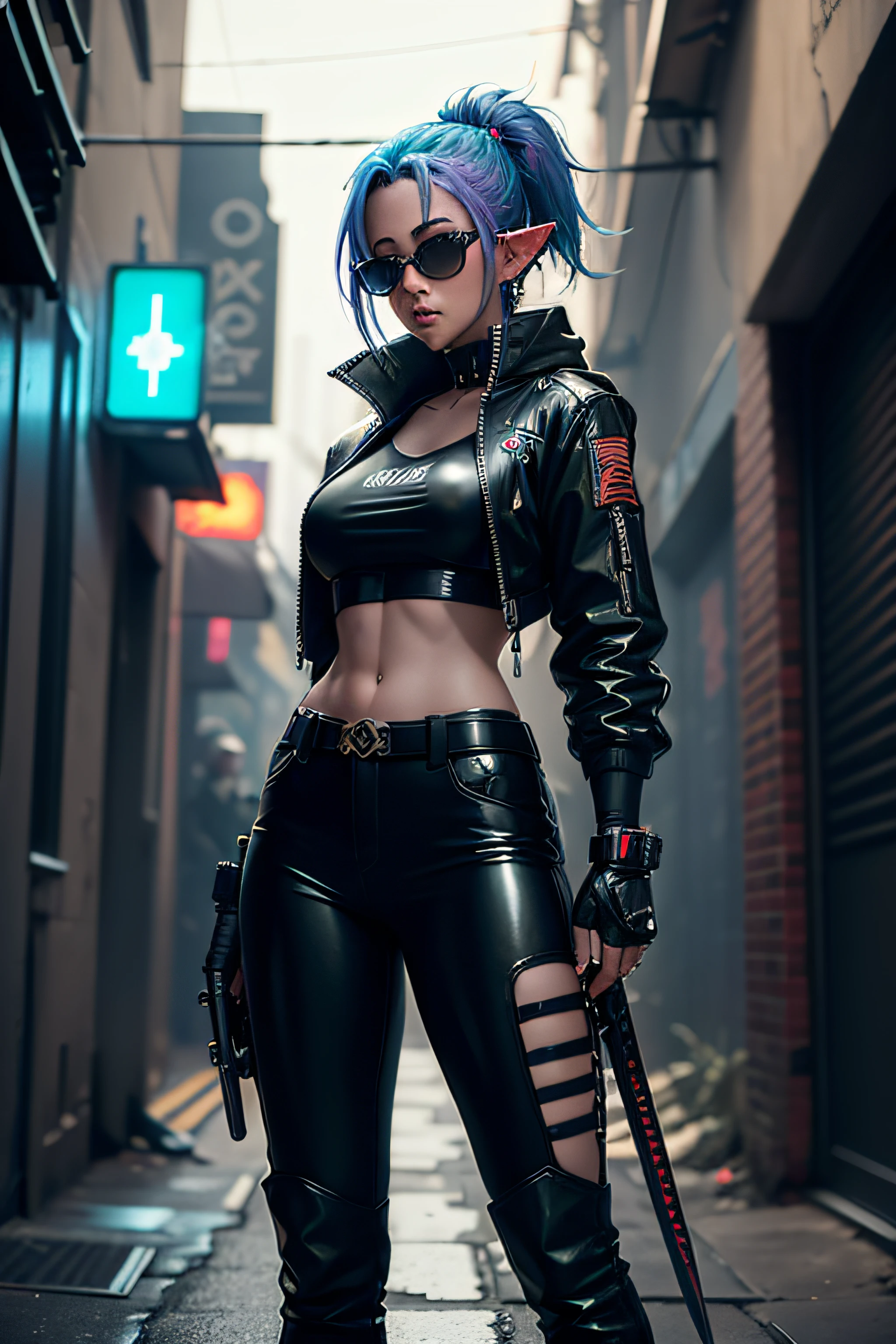 1girl in futuristic train station, cyan emo short hair, punk hair, heavy metal girl, very skinny, small waist, small breast, tattoes, rachel cook, corset, leather leggings