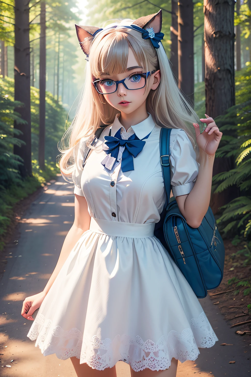pussycat,anthropomorphic turtle,wears a white dress,wide blue eyes,Long eyelashes cute,Kizi,wears glasses,wearing school bag,The background is a forest of trees