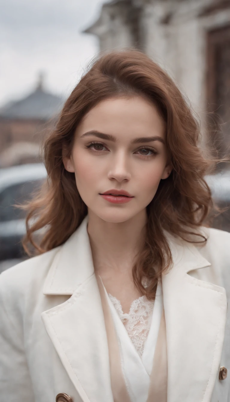 woman standing against car with white coat and white skirt, in the style of jessica drossin, normcore, fritz henle, detail-oriented, elina karimova, wimmelbilder, photo