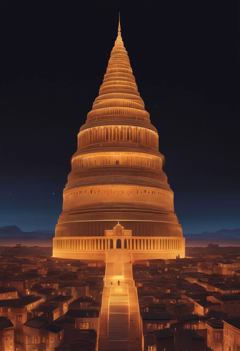 Awesome illustration of the fabulous Tower of Babel,Smell of money everywhere Showcasing intricate details and breathtaking craftsmanship. The tower towers high under a vibrant sunset sky, Cast a mesmerizing shadow over the bustling city below. The scene is full of wonder and grandeur, Capture the essence of human ambition and solidarity，The logo on it says NOVA