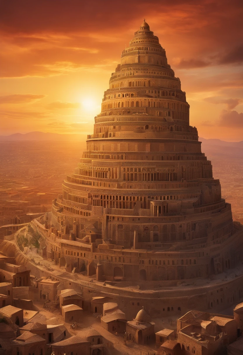 Awesome illustration of the fabulous Tower of Babel,Smell of money everywhere Showcasing intricate details and breathtaking craftsmanship. The tower towers high under a vibrant sunset sky, Cast a mesmerizing shadow over the bustling city below. The scene is full of wonder and grandeur, Capture the essence of human ambition and solidarity,The logo on it says NOVA