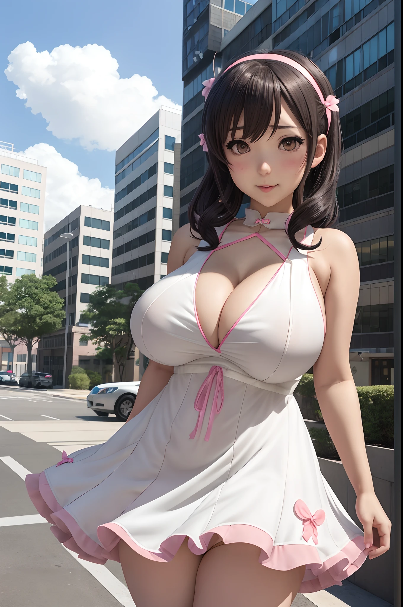 Anime girl with big breasts posing in front of a building, too, seductive anime girl, loli in dress, rei hiroe, ecchi, ecchi anime style, small curvy loli, loli, anya from spy x family, makoto shinka, anime girl named lucy, Shirobako, | Anime with small details, big breasts!