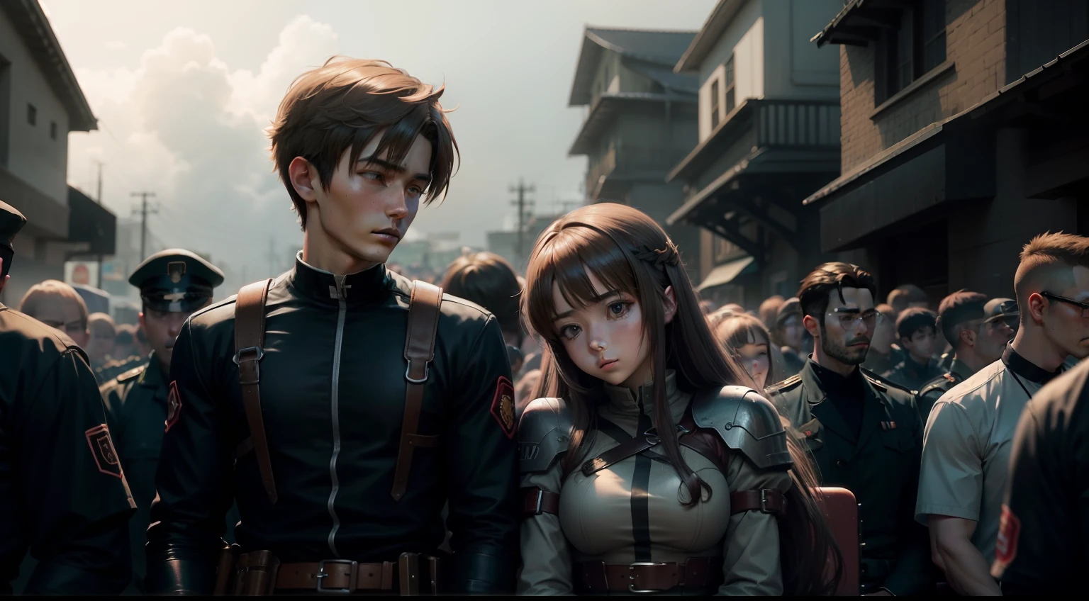 Anime girl rest her head on anime boy soldier in hudge crowd, dark cloud, dramatic, cinematic, romantic