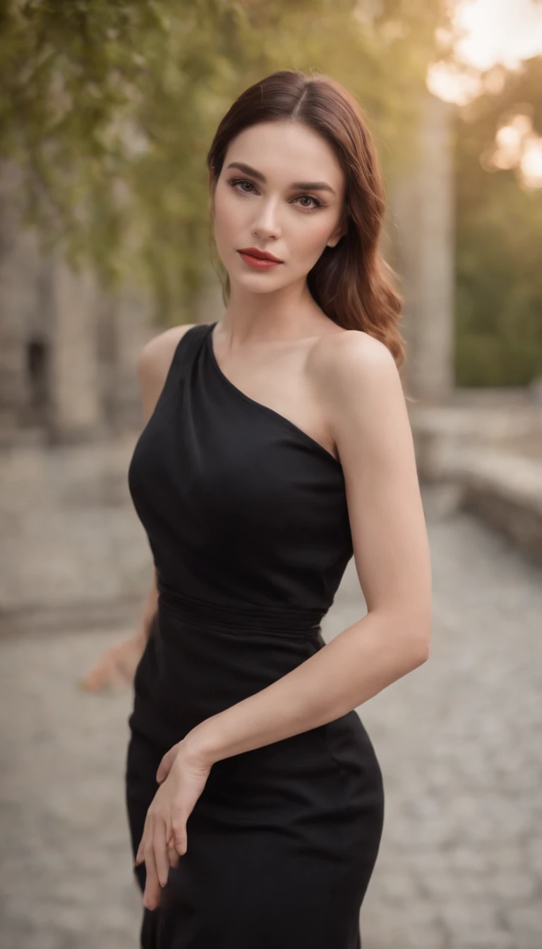 a beautiful woman in a black dress poses with one shoulder, in the style of 8k resolution, warmcore, goosepunk, focus on joints/connections, minimal retouching, handheld, candid