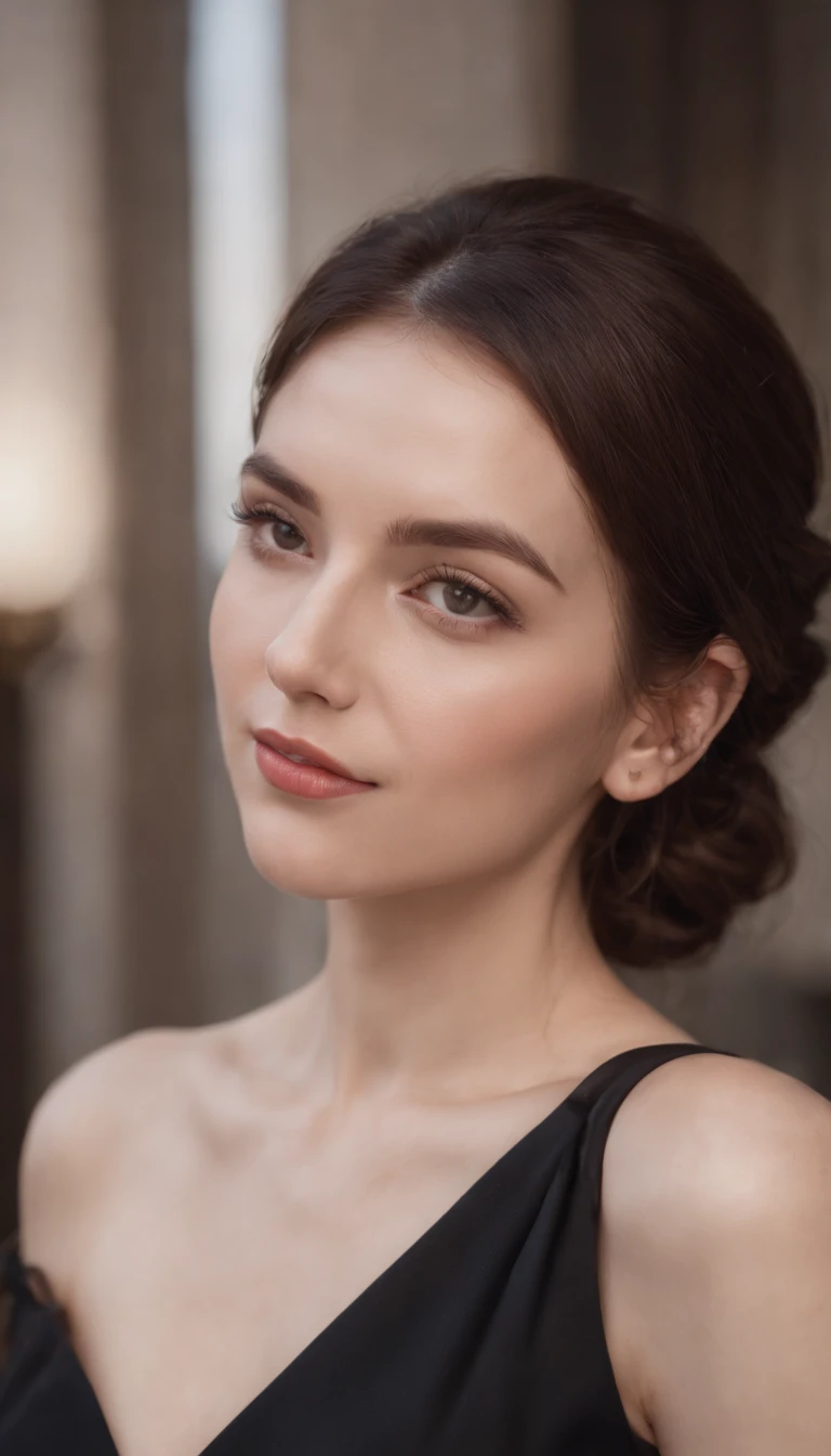 a beautiful woman in a black dress poses with one shoulder, in the style of 8k resolution, warmcore, goosepunk, focus on joints/connections, minimal retouching, handheld, candid