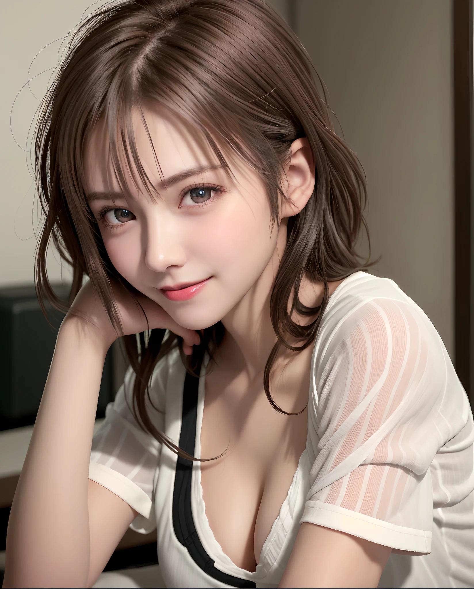 Top quality, ultra high resolution, (photorealistic: 1.4), beautiful eyes, super beautiful, short hair, beautiful breasts, lover, t-shirt with rough chest, eyes inviting viewer, lover's eyes, inviting facial expressions, sexy smile, perfect style, perfect balance, detailed skin, naughty eyes, chest visible