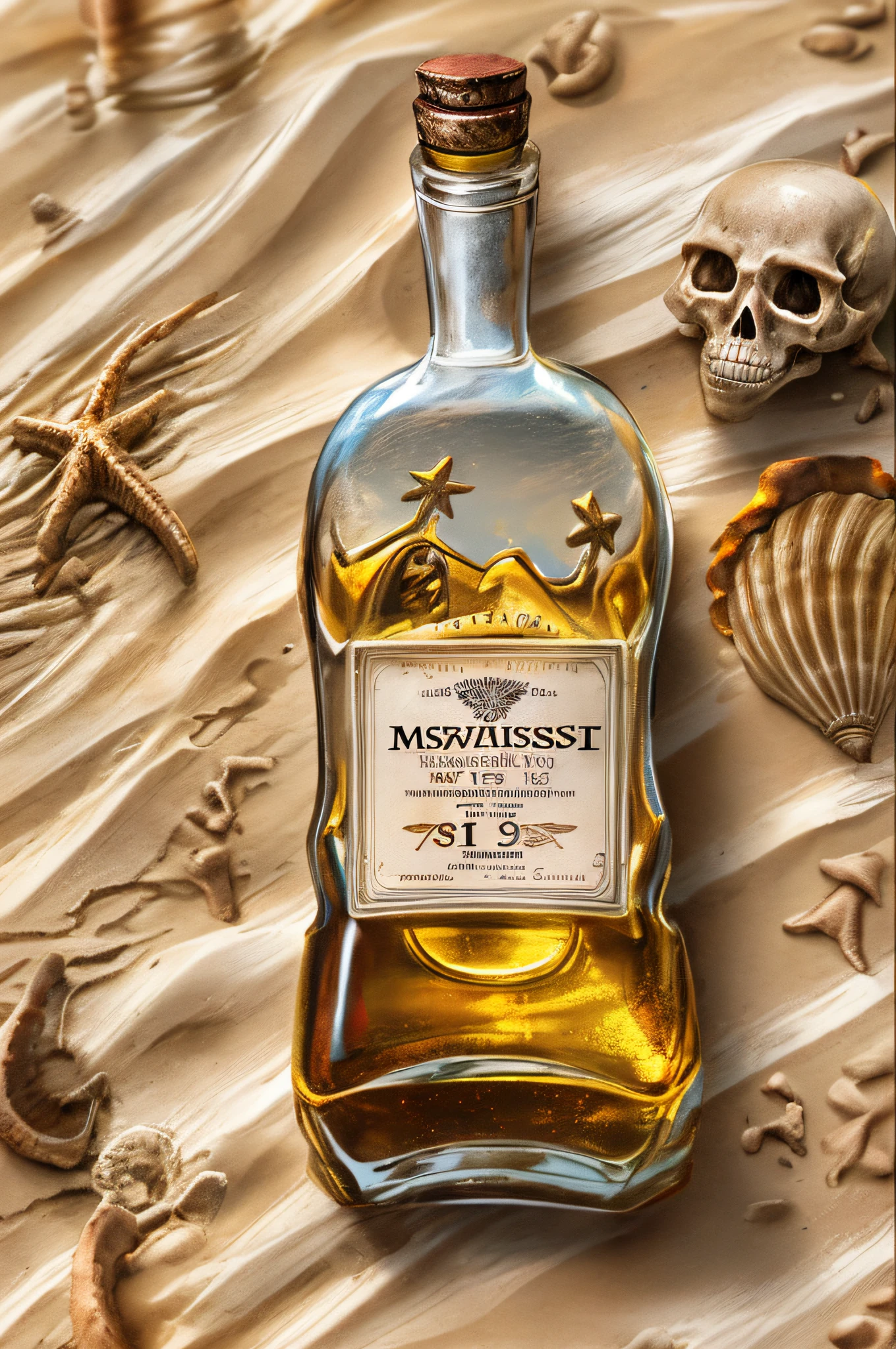 a photorealistic wide angle shot picture of an empty bottle of an expensive Whiskey buried  (best details, Masterpiece, best quality :1.5) in the sands of an island, a lone palm tree, skeleton hand near the bottle  (best details, Masterpiece, best quality :1.5), sandy beach, sea shells spread  wavy sea background, best realistic, best details, best quality, 16k, [ultra detailed], masterpiece, best quality, (extremely detailed), ultra wide shot, photorealism, depth of field, hyper realistic painting, 3d rendering