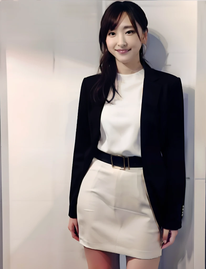 Girl in a white blouse, flaxen ponytail、wearing fashion suit, Wearing a strict business suit, Girl in a tight miniskirt, korean female fashion model, Office Clothes, , wearing black business suit