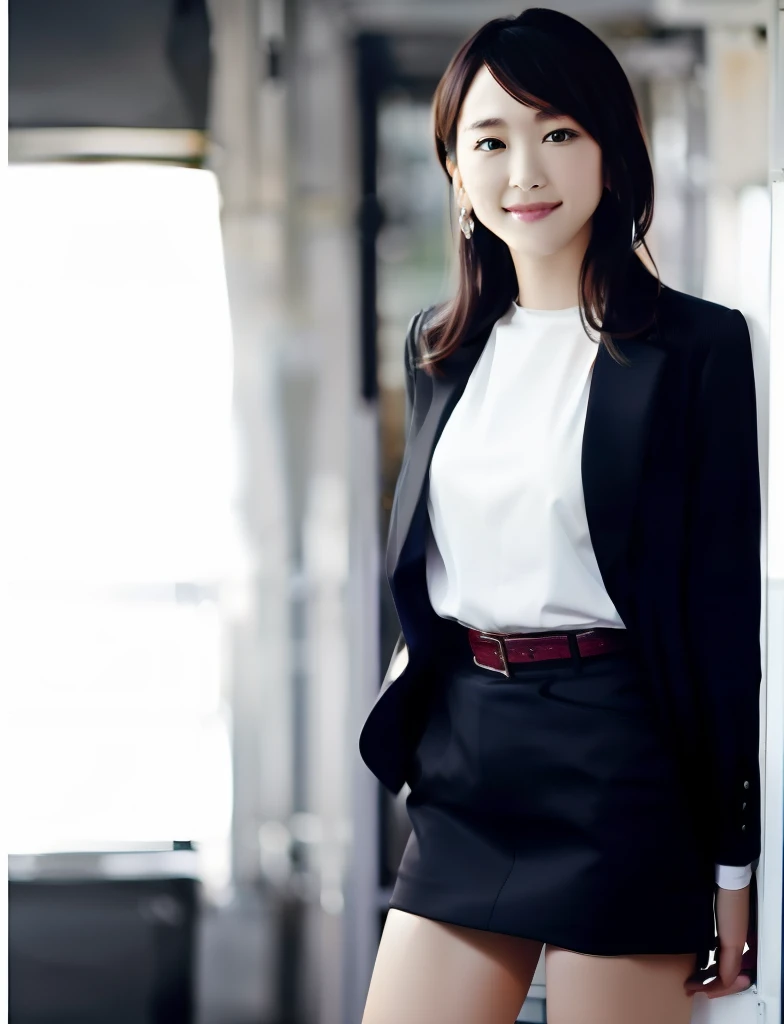 Girl in a white blouse, flaxen ponytail、wearing fashion suit, Wearing a strict business suit, Girl in a tight miniskirt, korean female fashion model, Office Clothes, , wearing black business suit