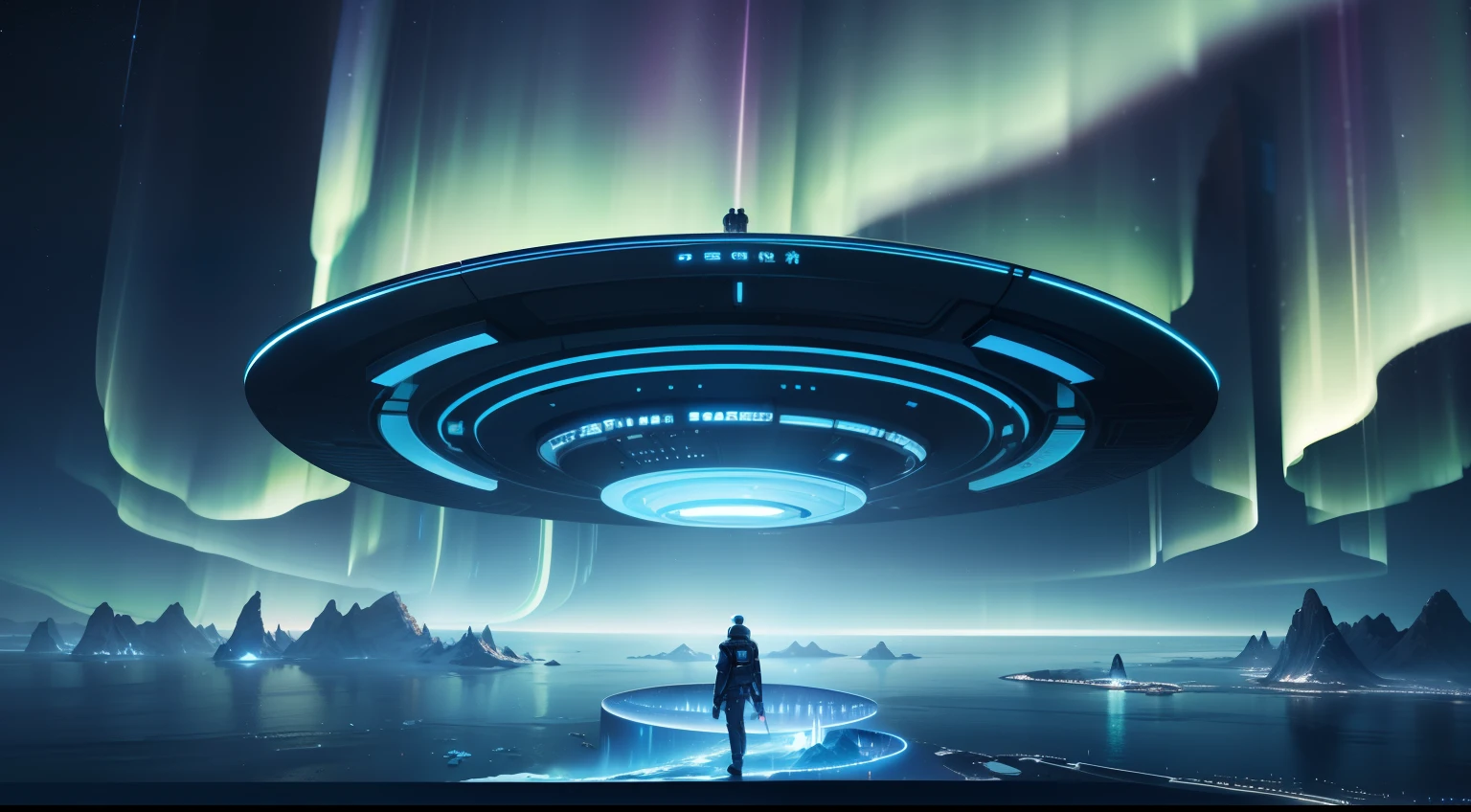 Futuristic virtual reality landscape,(Depiction of images5One Keyword): Digital Ocean、Floating island々、Fantastic Northern Lights、Futuristic architecture、The Beauty of the Universe (time zone): during night (Art style): Fantastic Cyberpunk