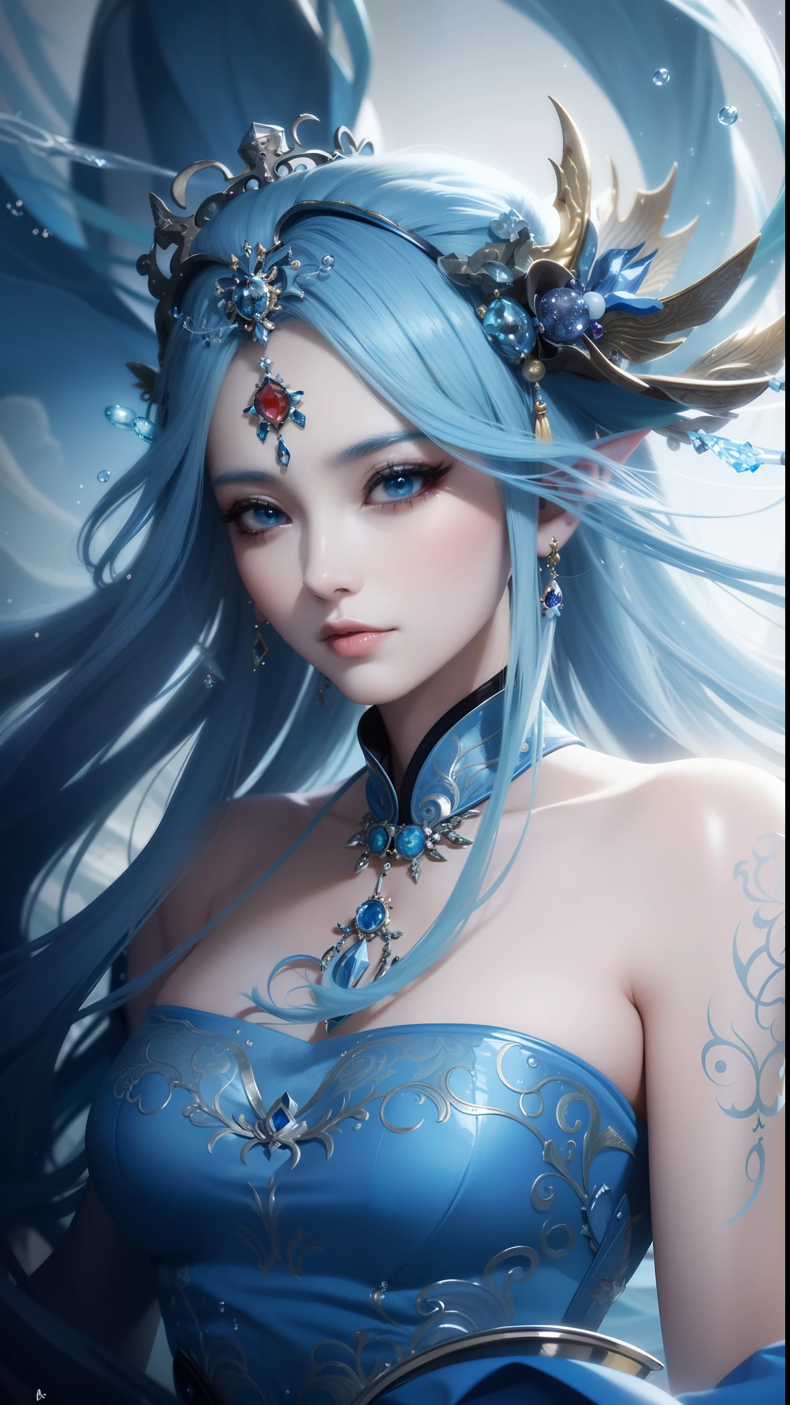 sorceress woman,Conservative attire,With a huge hat,Crane in blue,Wearing blue and red and white princess dresses,Close-up of upper body,Close-up photos,jewelery,Visions of heaven and earth,Magic crystal ball,The background is the Milky Way,solar system