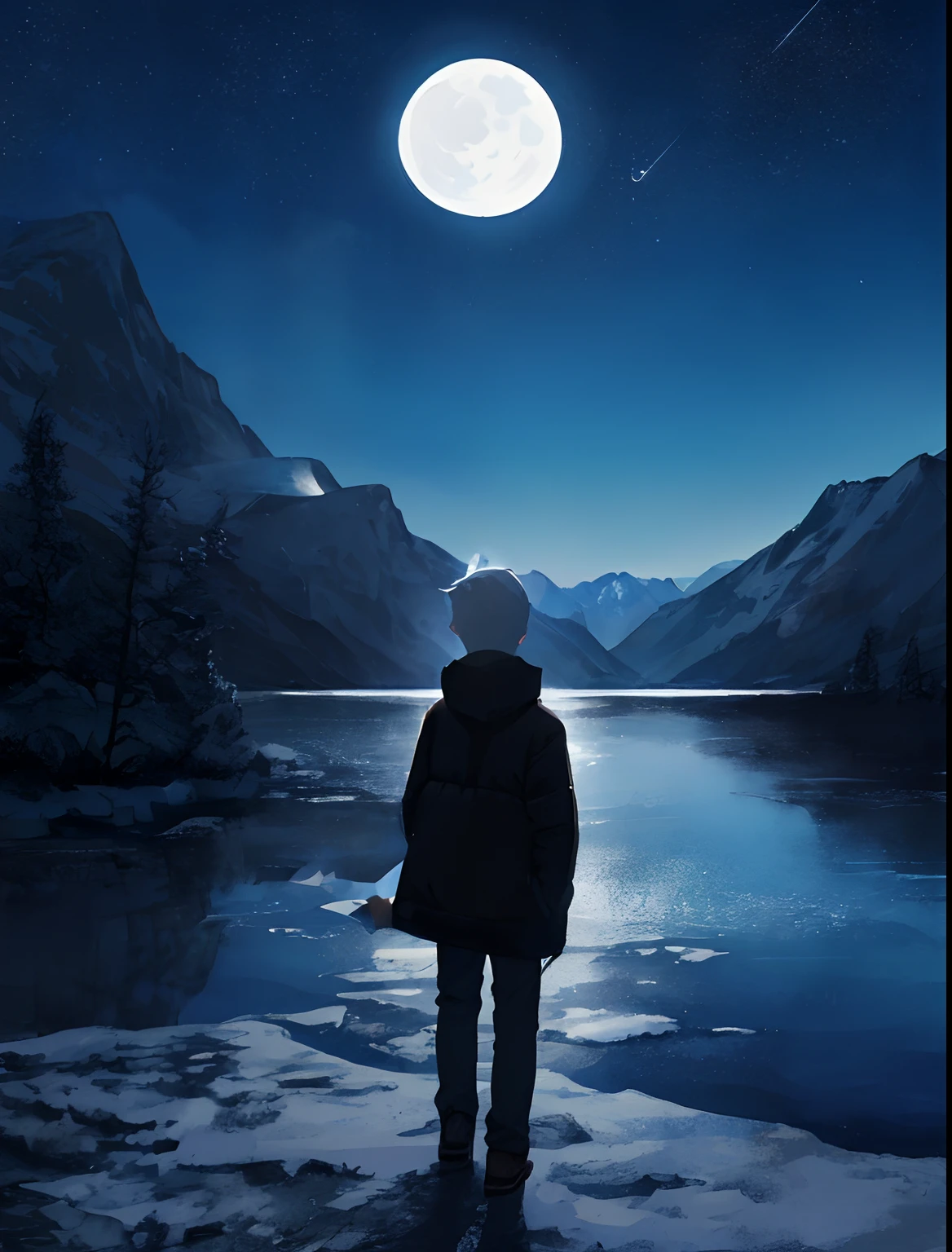 deep in the night，A boy makes a wish to the stars，Accompanied by animals，The bright moonlight shines on the mountains，An endless sense of nothingness is presented，The moonlight in the sky is also slowly fading