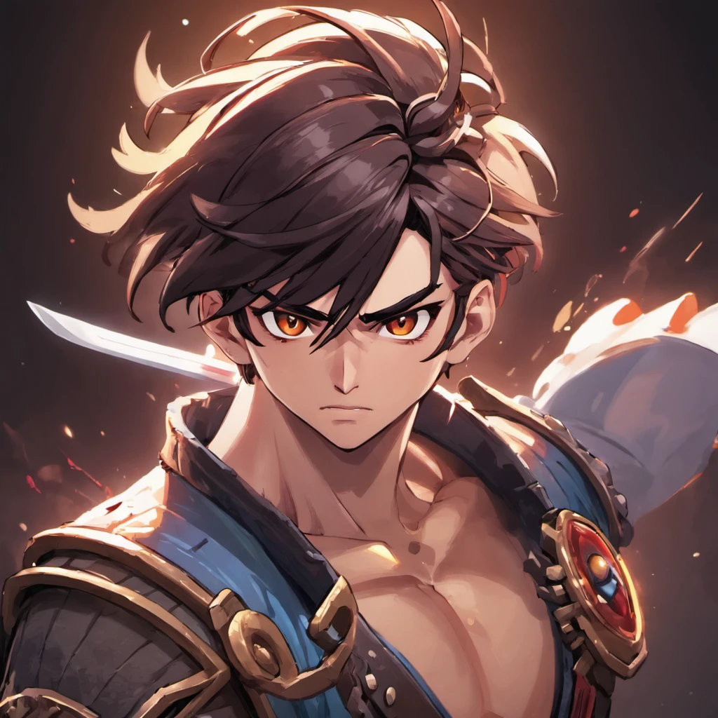 3d character bust of a swordsman, character concept, hand drawn cartoon illustration, Solid and vivid background, Fine, detailed scale, Soft lighting, game character, upper body, Created by Lois Van Barl and Reusch and Ross Tran and Ross Drås and Sam Yang and Sam Ess Arts and Altgerm, Best Quality, masutepiece