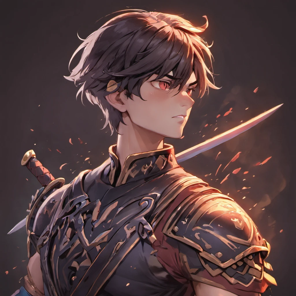 3d character bust of a swordsman, character concept, hand drawn cartoon illustration, Solid and vivid background, Fine, detailed scale, Soft lighting, game character, upper body, Created by Lois Van Barl and Reusch and Ross Tran and Ross Drås and Sam Yang and Sam Ess Arts and Altgerm, Best Quality, masutepiece