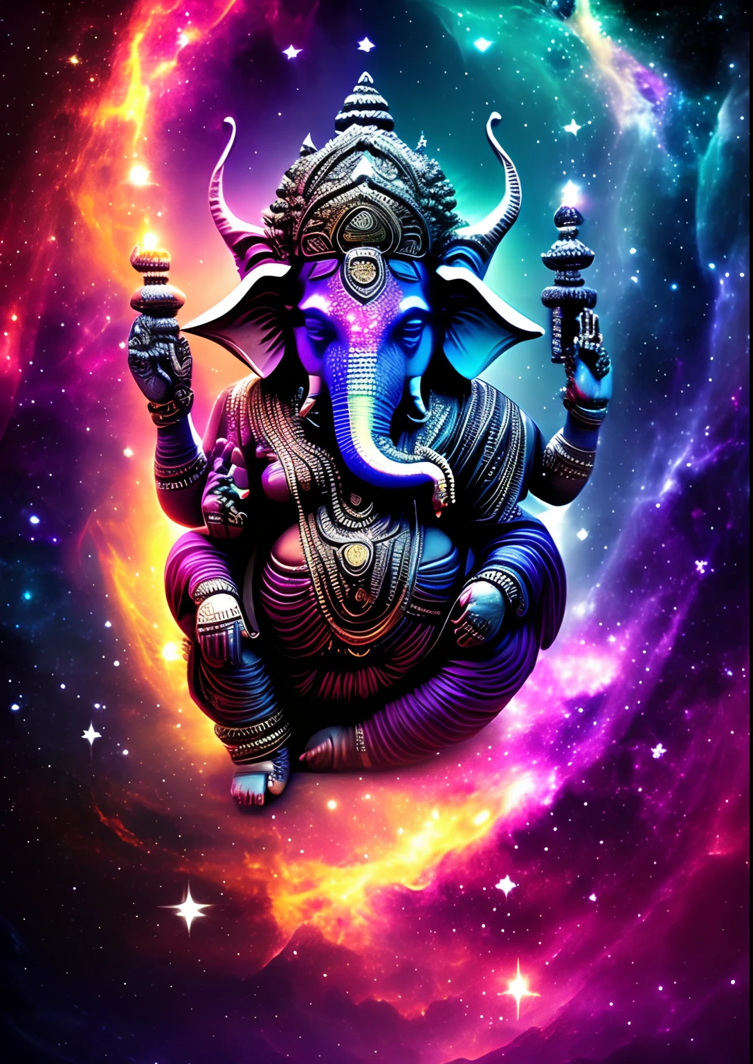 dreamlikeart, galaxy, outer space, nebula, star, [cyberpunked] Ganesha from the stars (star:1.5),