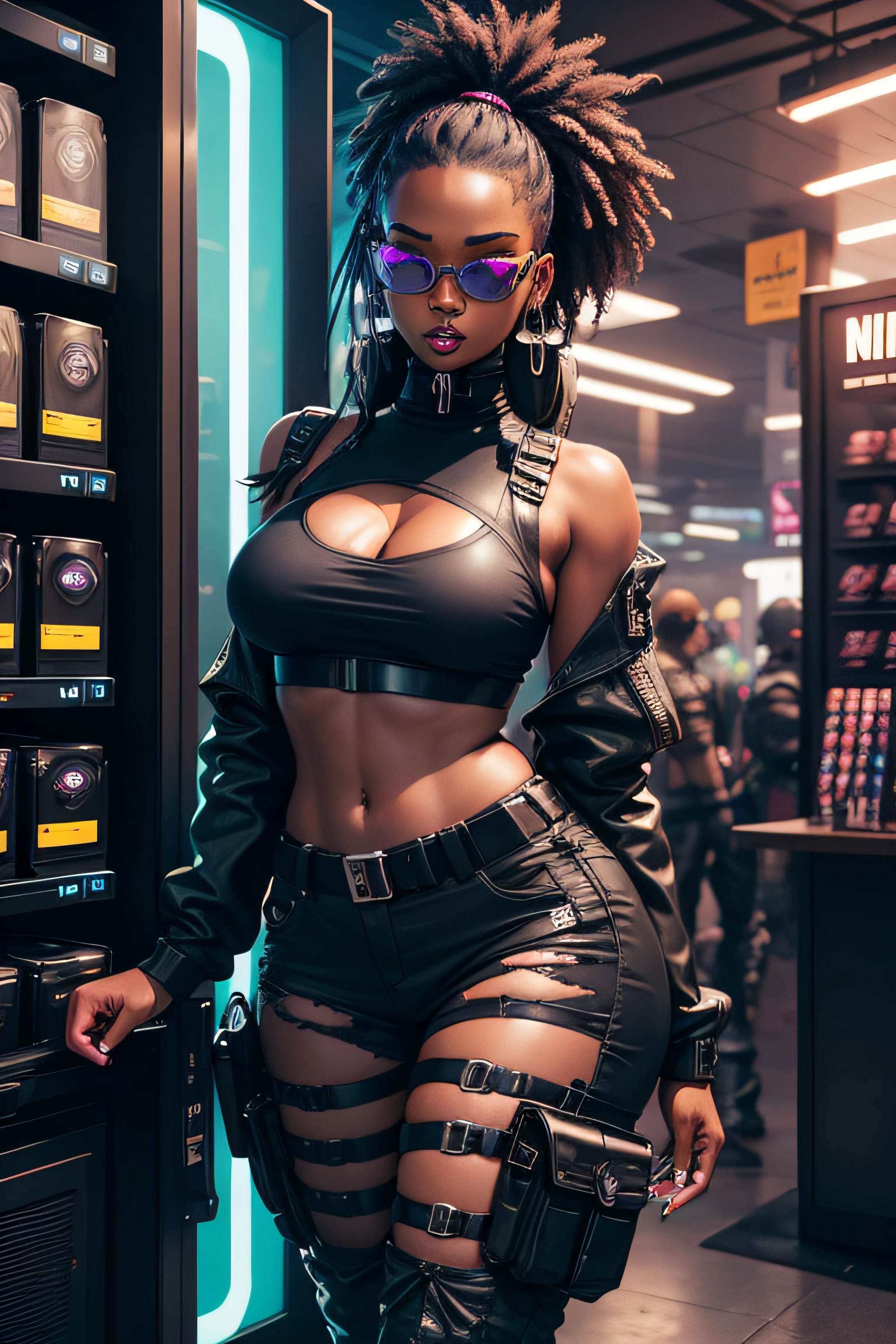 cyberpunk black woman with large breasts wearing baggy camo pants, combat boots and a black spandex top that is skin tight. She is wearing futuristic sunglasses and has black lipstick and eye shadow. Standings outside a shop selling computers with neon signs