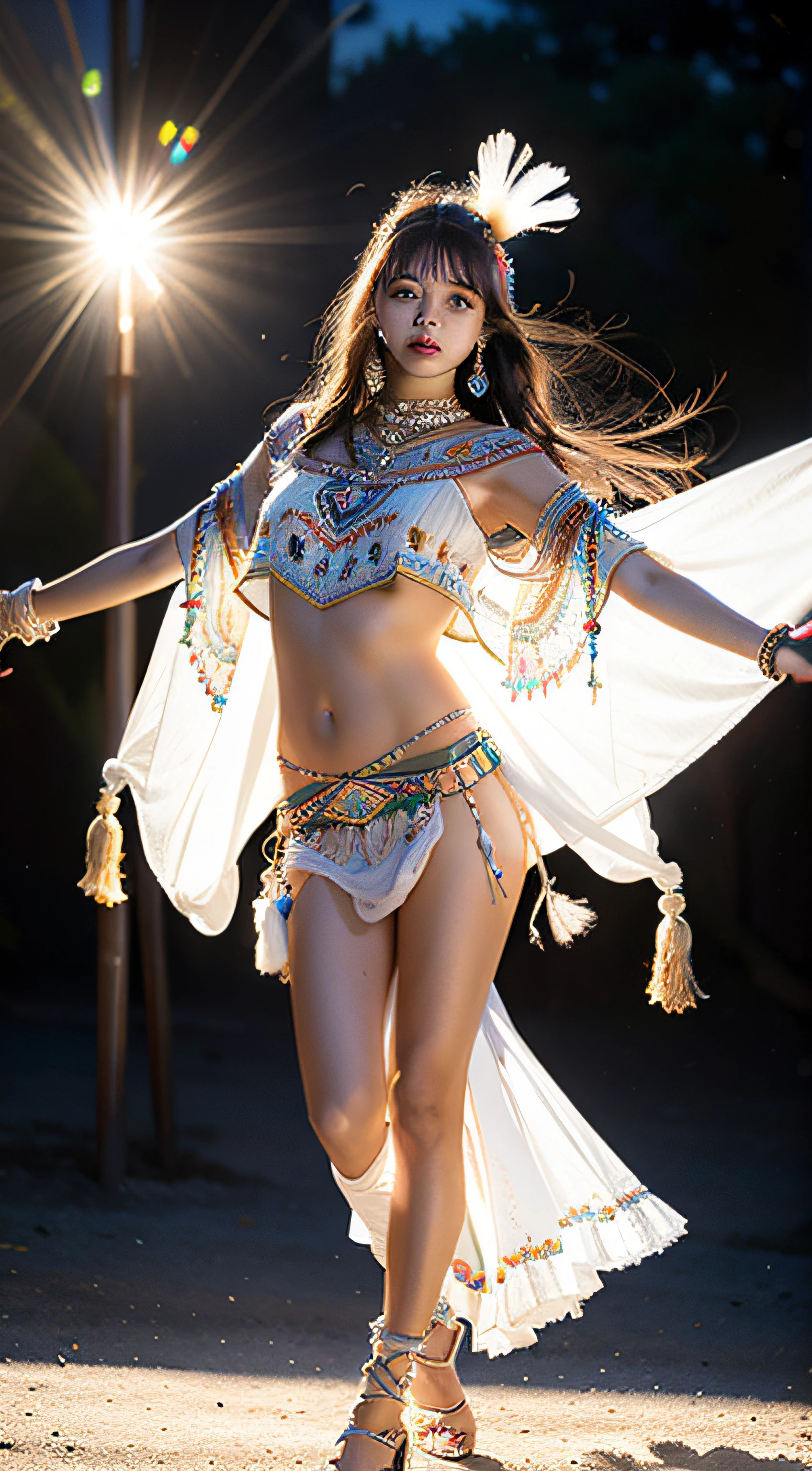 Native American beauty in dance, Luxurious leather poncho bikini Embroidered with intricate embroidery,large breast,,cleavage, Tullai, feather hair accessory, war hat, tattoo, White, smooth, fine, moisturized skin, indian jewelry, Native American pattern, There is a bright, transparent, long Hubert on his arm., navel ribbon, shoulder, Call, Arm Ring Ribbon, wreath, bangle, Anklet, Metal chain tassels around the waist, sun god background, Wash ink, Popular CG Stations, table top, Latest quality, High resolution details, 32K