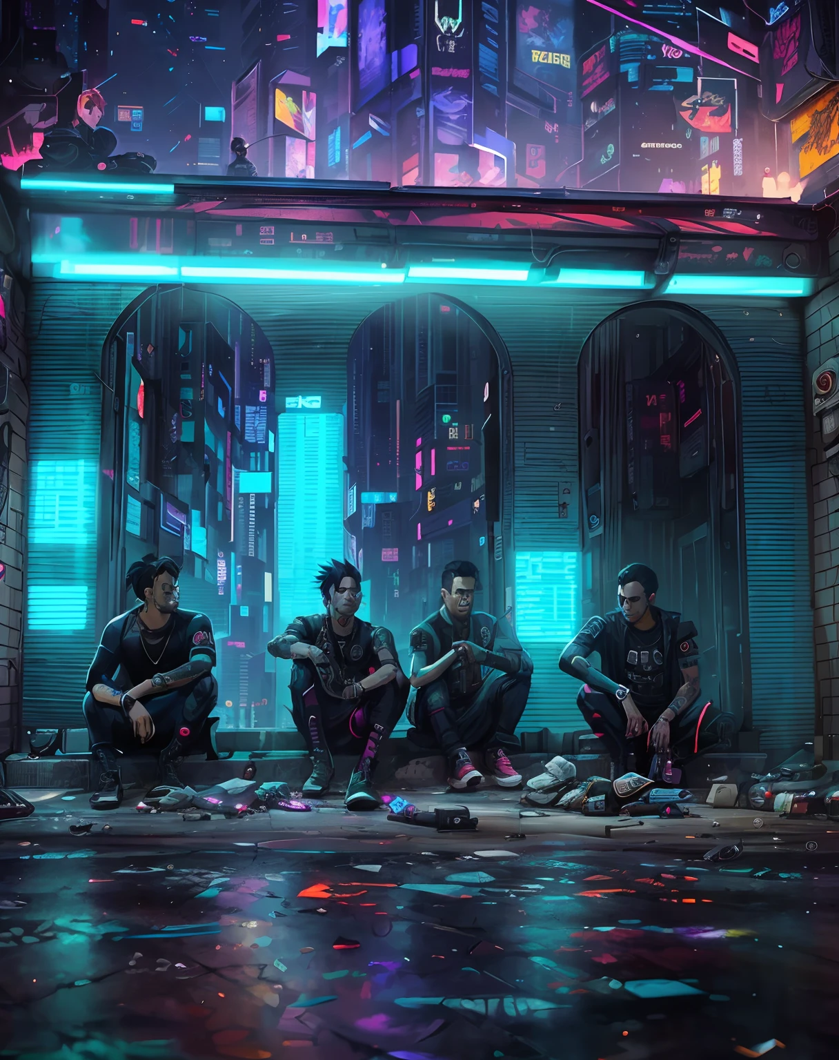 arafed image of a group of men sitting on the ground in front of a building, cyberpunk art style, in cyberpunk style, artwork in the style of guweiz, in cyberpunk city, digital cyberpunk anime art, cyberpunk artstyle, cyberpunk digital art, at a cyberpunk city, in a cyberpunk city, cyberpunk digital painting, in a cyberpunk setting