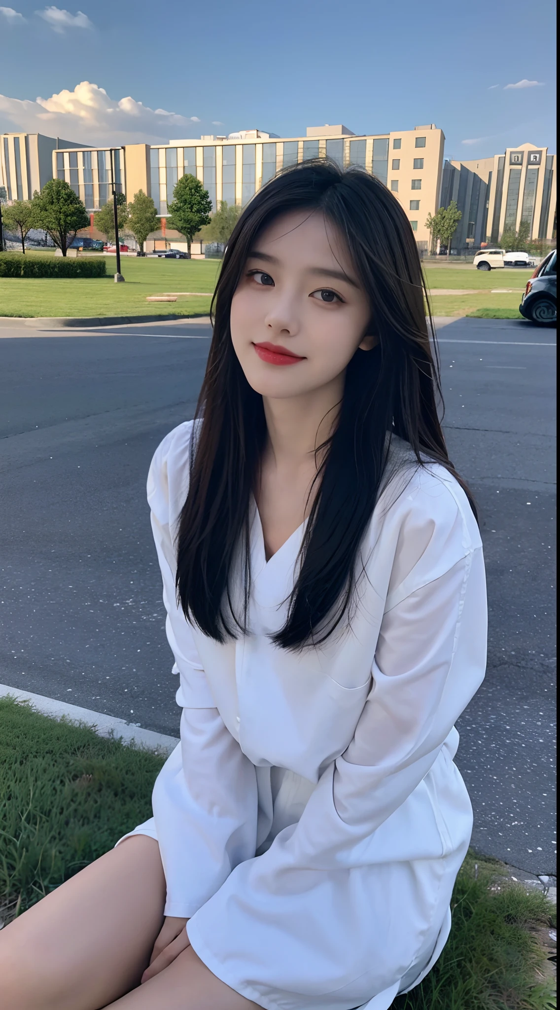 ((Best Quality, 8K, Masterpiece:1.3)), A beautiful girl, pure, melon face, gentle and cute, sweet smile, pure desire, thin figure, (frontal), (tilted head), looking directly at the camera, uniform, obi, formal, black silky long straight hair, long hair flowing over the shoulders, round black big eyes, clear big eyes, moist red lips, sweet, sitting on the side of the road, blue sky and white clouds, grass, buildings,