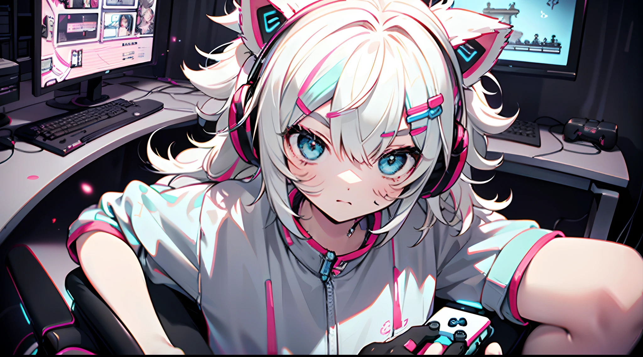 masutepiece, Best Quality, Colorful, r with white hair, (((messy hair style))), 1 girl, Light blue slanted eyes, tusk, Touching the translucent panel, In dark voids filled with small strong light particles, ((((White tracksuit, White shorts, Barefoot)))), Playing games, (((holding game controller, game pad))), (((Sitting in a gaming chair and getting down on one knee))), streamer, Many computer screens, Monitors, ciber, Dramatic viewing angles, Dynamic Pose, (Close-up of face focus:1.2), wearing cat ear headphones, Contrasty, color combination, Bright, depth of fields, High resolution, high intricate detailed, Dramatic shadows, Global Illumination