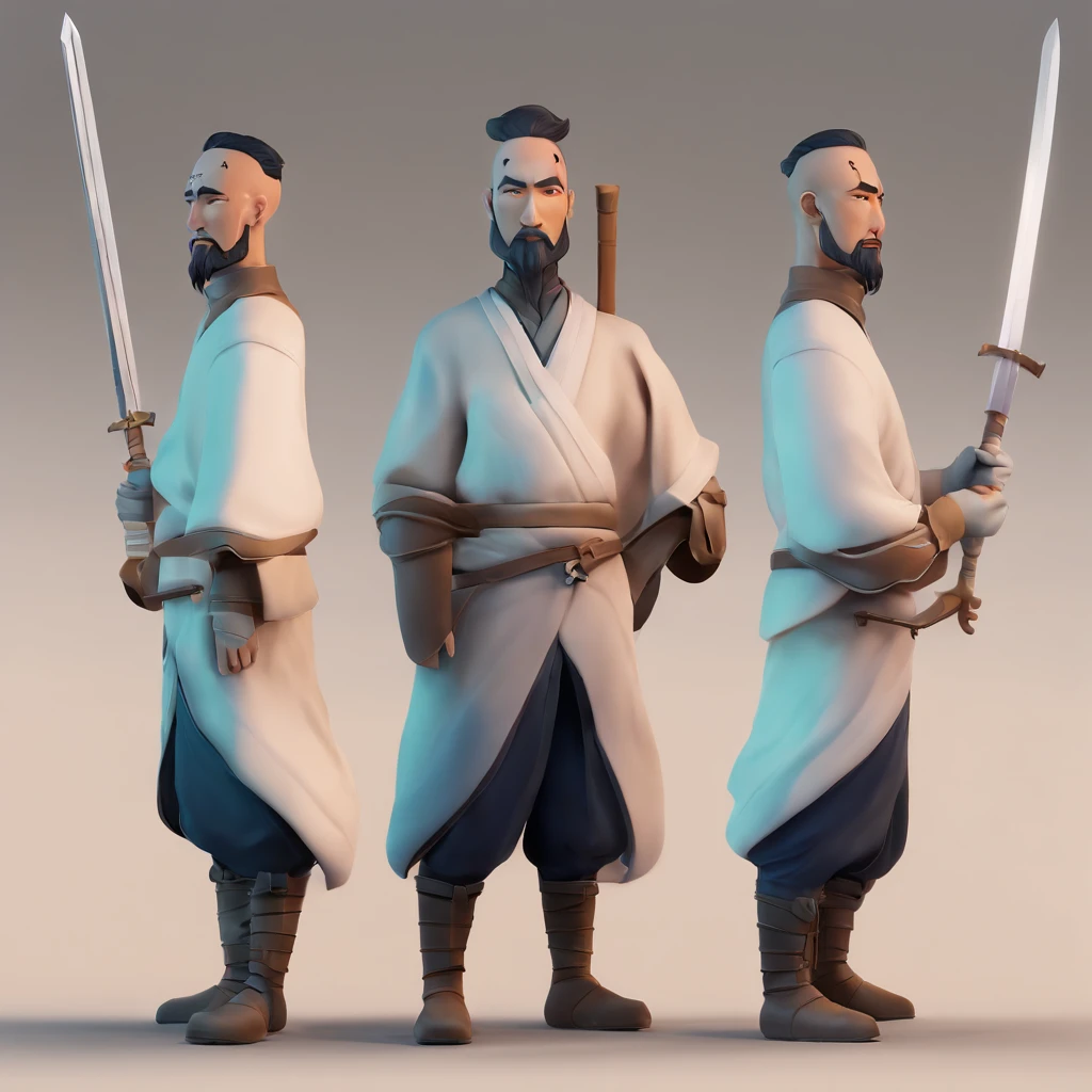 3d character bust of a swordsman, character concept, hand drawn cartoon illustration, Solid and vivid background, Fine, detailed scale, Soft lighting, game character, upper body, Created by Lois Van Barl and Reusch and Ross Tran and Ross Drås and Sam Yang and Sam Ess Arts and Altgerm, Best Quality, masutepiece