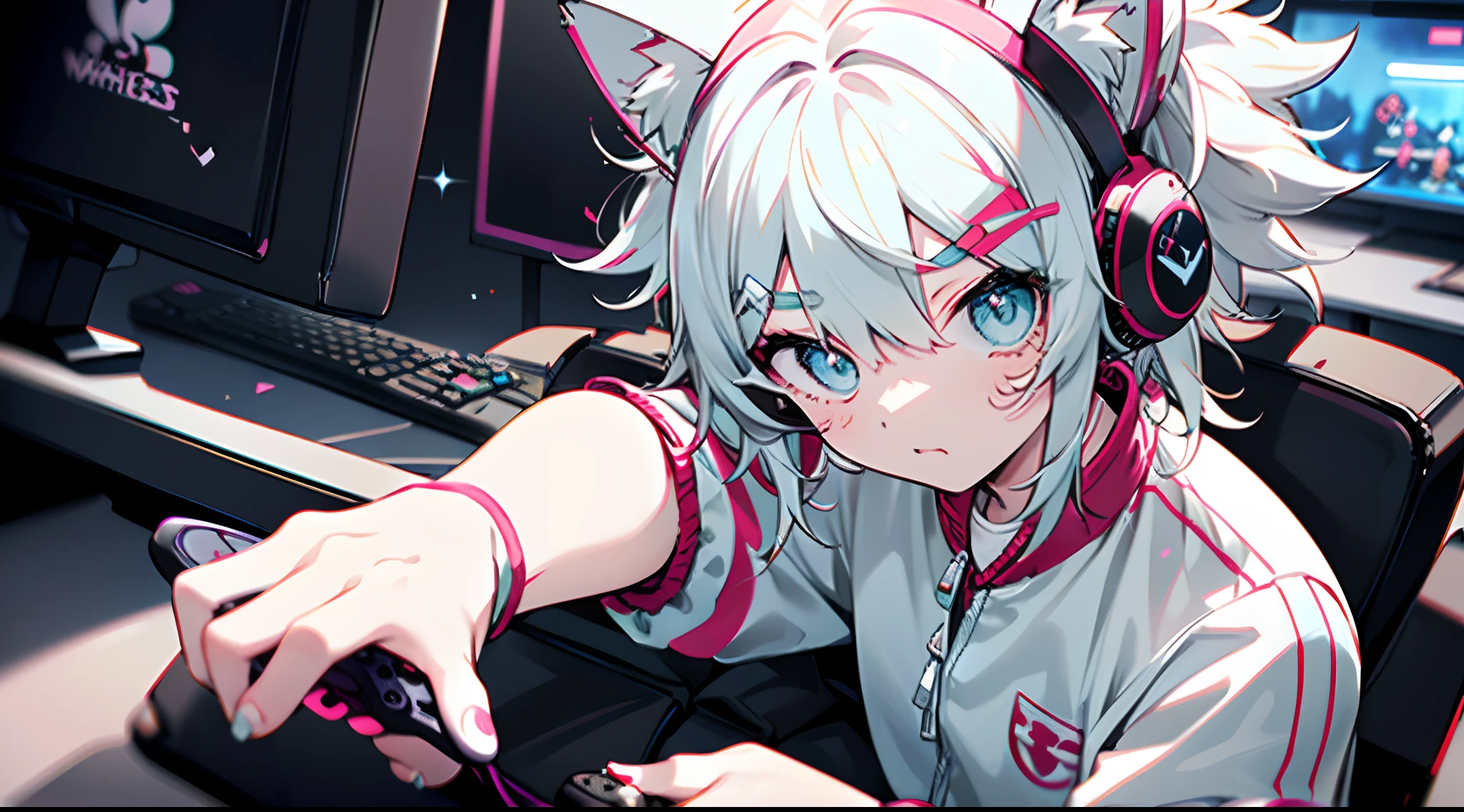 masutepiece, Best Quality, Colorful, r with white hair, (((messy hair style))), 1 girl, Light blue slanted eyes, tusk, Touching the translucent panel, In dark voids filled with small strong light particles, ((((White tracksuit, White shorts, Barefoot)))), Playing games, (((holding game controller, game pad))), (((Sitting in a gaming chair and getting down on one knee))), streamer, Many computer screens, Monitors, ciber, Dramatic viewing angles, Dynamic Pose, (Close-up of face focus:1.2), wearing cat ear headphones, Contrasty, color combination, Bright, depth of fields, High resolution, high intricate detailed, Dramatic shadows, Global Illumination
