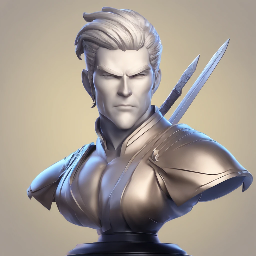 3d character bust of a swordsman, character concept, hand drawn cartoon illustration, Solid and vivid background, Fine, detailed scale, Soft lighting, game character, upper body, Created by Lois Van Barl and Reusch and Ross Tran and Ross Drås and Sam Yang and Sam Ess Arts and Altgerm, Best Quality, masutepiece