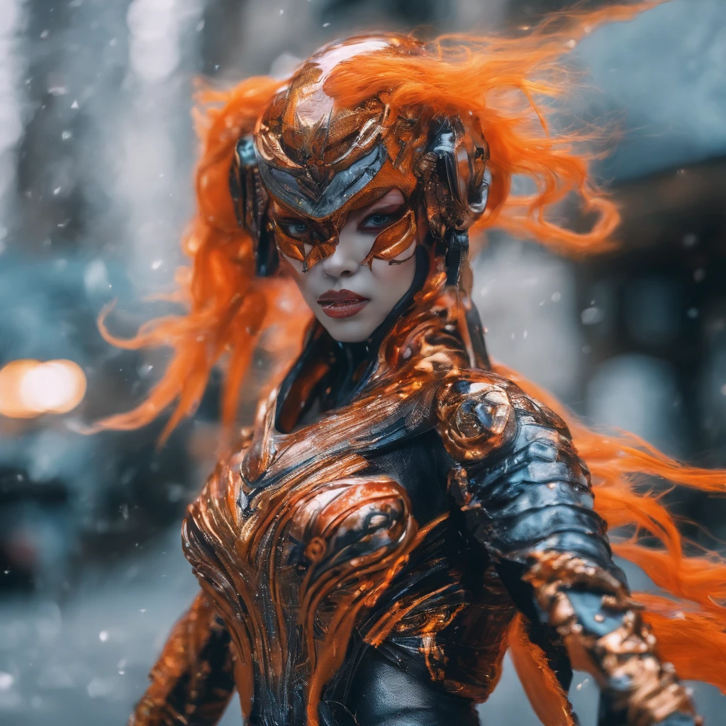 Black gold marble texture 32K（tmasterpiece，k hd，hyper HD，32K）Long flowing bright orange hair，Snow in winter，zydink， a color， Asian people （Kizi）， （Blue-orange scarf）， Combat posture， looking at the ground， long whitr hair， Floating bright orange， Fire cloud pattern gold tiara， Chinese long-sleeved gold silk garment， （Abstract snowflakes flying：1.2）， white backgrounid，Lotus protector（realisticlying：1.4），Bright purple hair，Smoke on the road，The background is pure， A high resolution， the detail， RAW photogr， Sharp Re， Nikon D850 Film Stock Photo by Jefferies Lee 4 Kodak Portra 400 Camera F1.6 shots, Rich colors, ultra-realistic vivid textures, Dramatic lighting, Unreal Engine Art Station Trend, cinestir 800，Long flowing bright orange hair