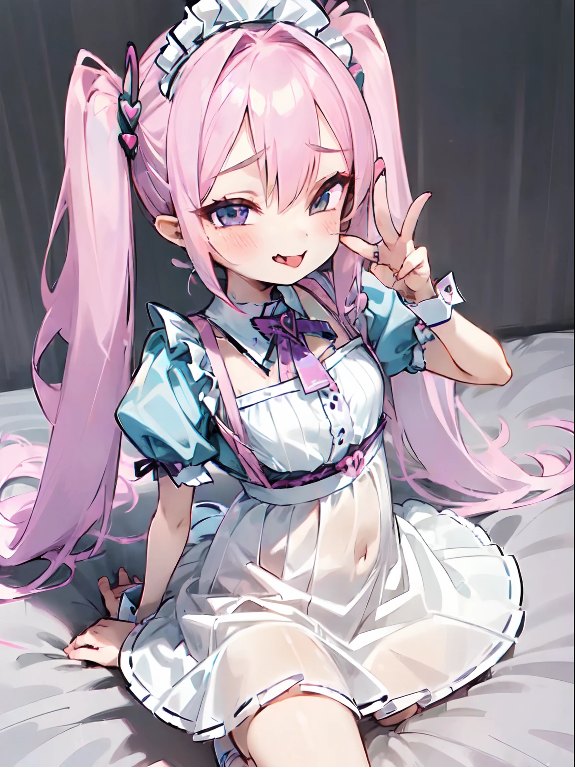 (, lit5) anime girl, long haired, twintail hair, (hart shaped pupil, smug, smirk, stick out tongue, finger on tongue:1.1), wearing sexy maid dress, (pink haired:0.6), vaginal penis, sex,