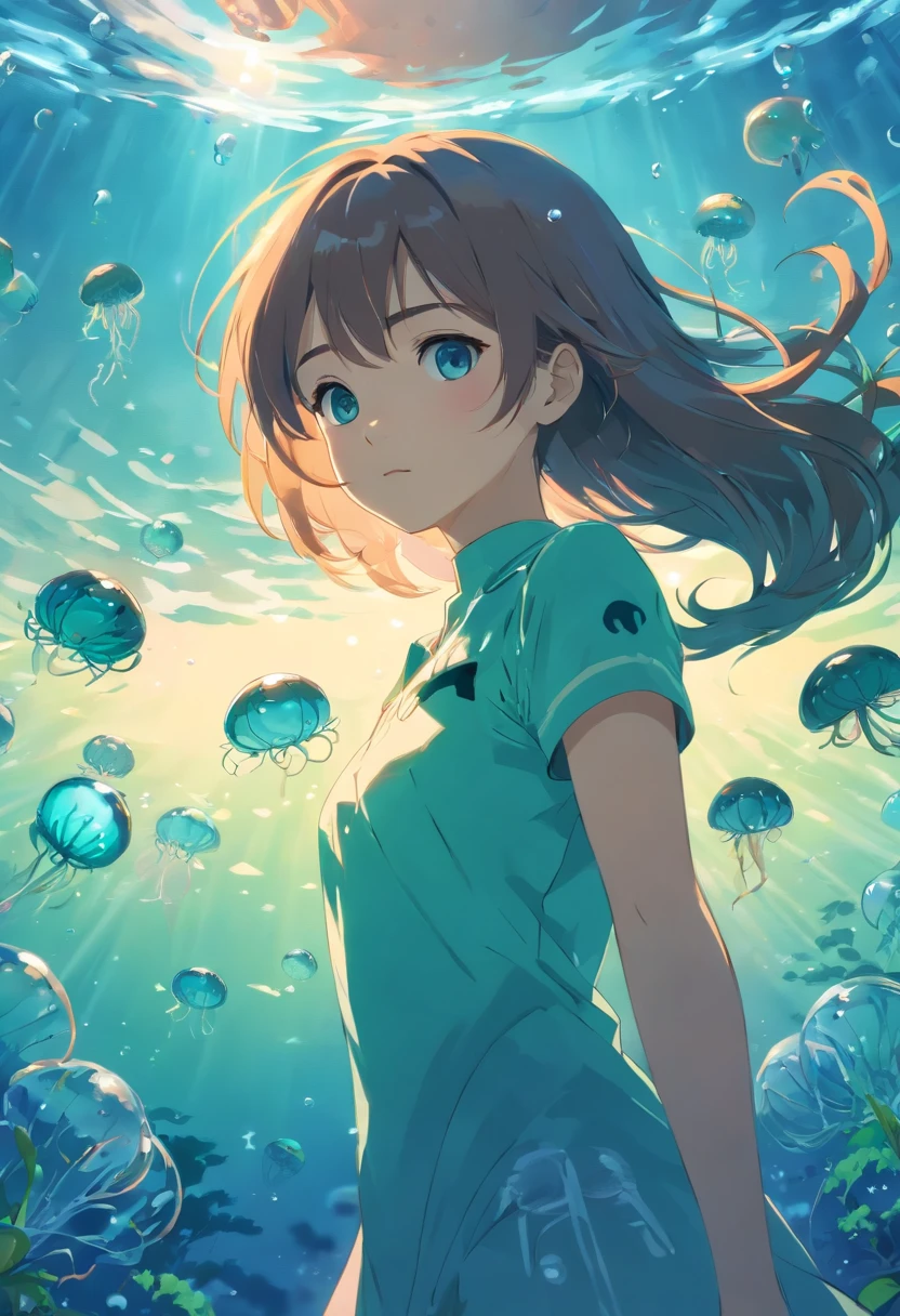 ((masterpiece,best quality)),(negative space:1.2),(1girl, solo:1.4),beautiful detailed eyes,floating hair, underwater, bubble, fish, (jellyfish), fluorescence,sea turtle, seaweed,