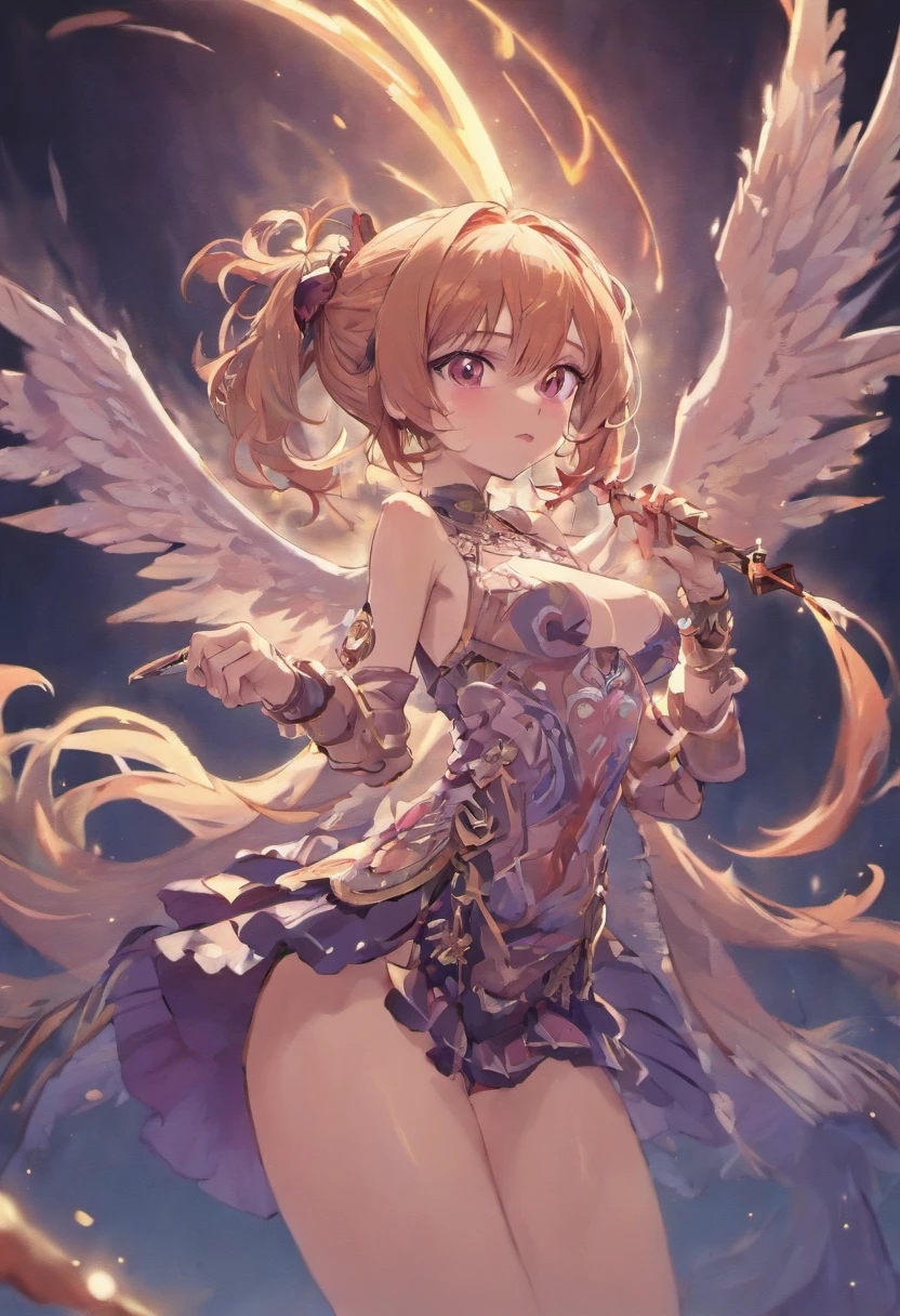 (masterpiece), (best quality), (detailed), light layer, lustrous skin, (intricate detailed , taut clothes, , demon wings,hair ornament :1.2), from above, black hair, black choker, long hair, hime cut, woman, blunt bangs, sidelocks, red eyes, holding quarterstaff,holding scythe,holding sword, (mature female:1.1), [uncensored, NSFW, nipples], side-ponytails  (simple background:1.1),