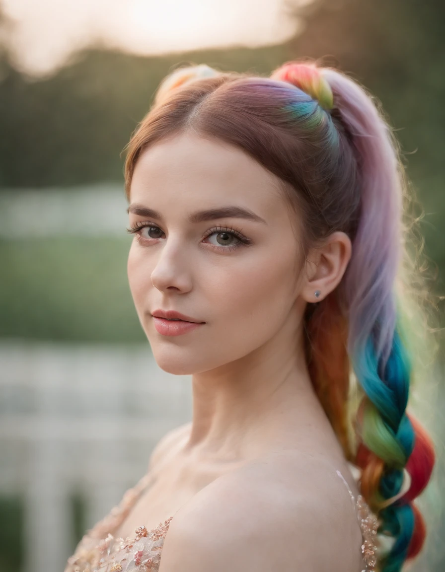 portrait of a woman, wearing organza , with rainbow colored pig tails hair , background stylish epic photo, studio lighting, hard light, sony a7, 50 mm, matte skin, pores, colors, hyperdetailed, hyperrealistic