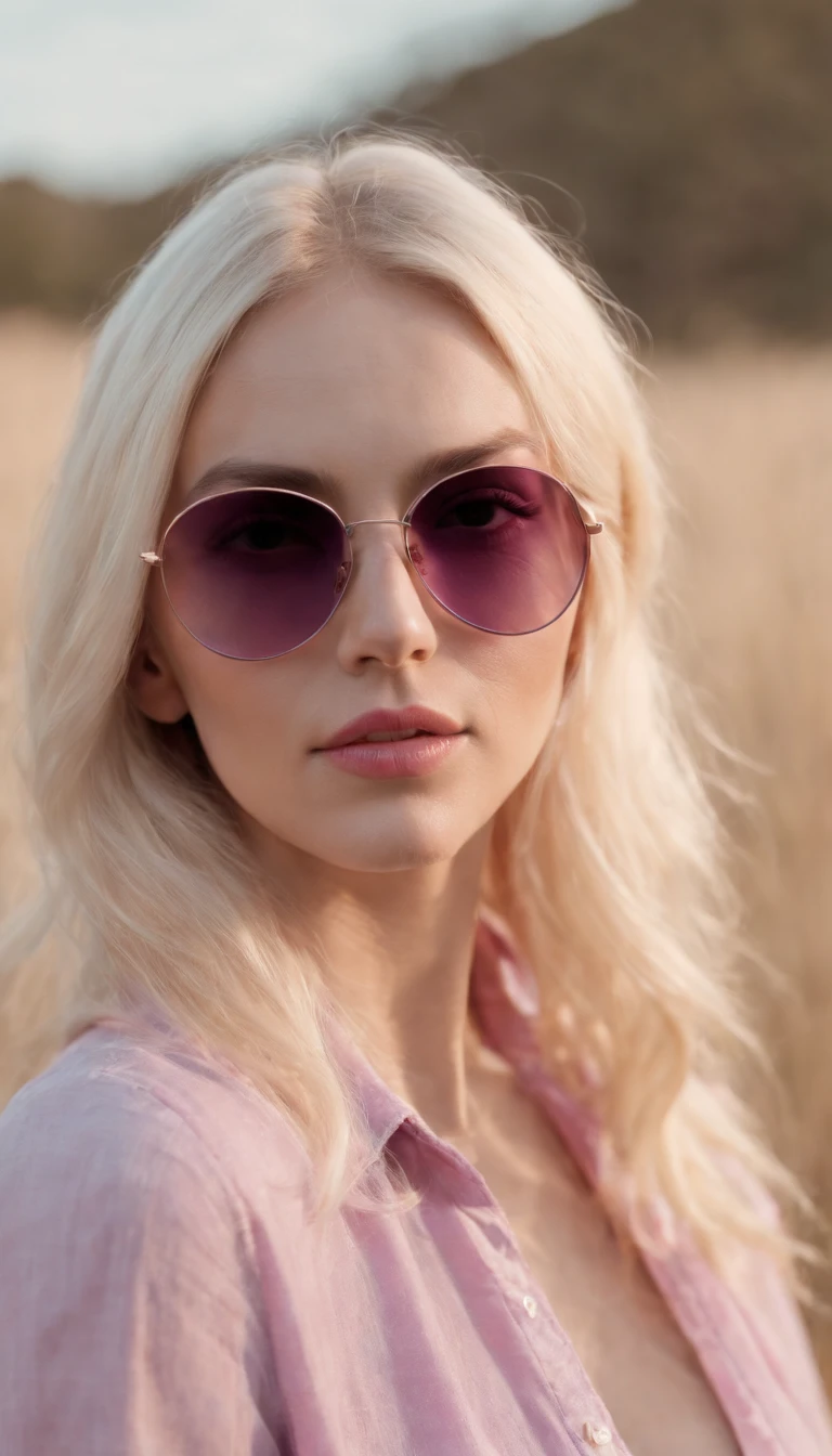 the blonde woman wearing pink sunglasses and blue denim, in the style of scarlett hooft graafland, pastel gothic, light indigo and purple, genderless, ansel adams, grandparentcore, tj drysdale