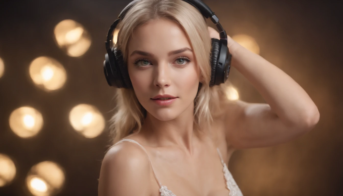 a dj plays on the dj's desk, headphones on her head, RAW, photography, (masterpiece) a full-body portrait of a beautiful blonde, green-eyed, 35-year-old Russian, listening to music, (((dancing))), smiling, happy face, detailed facial features, realistic eyes, vibrating with music, ((white psychedelic pattern clothing)), strong body, nice abs, abstract tattoos, in the festival background music with people dancing, warm colors, colored lights, lens brightness, light leaks, ((photorealistic)), ((hyperrealistic)), (skin pores), highly detailed, sharp focus, 8K, ultra quality, UHD, crystalline, (((incredibly beautiful)), extremely detailed, highly detailed skin, cinematic lighting, wide angle, amazing fine details, Kodak, Canon 5d, rich colors, realistic texture, dramatic lighting, dynamic composition. --ar 16:9