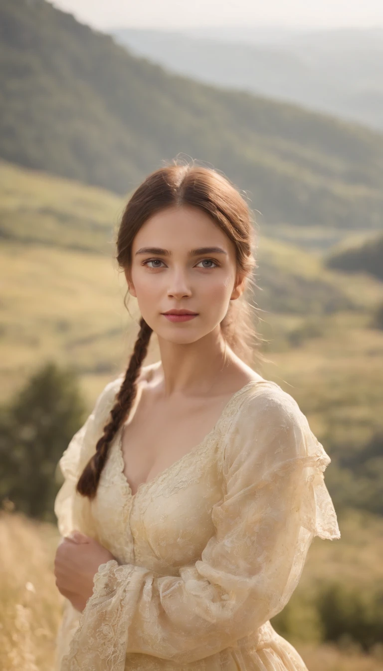 young girl standing on top of the valley looking to the left, in the style of candid portraiture, light yellow, stockphoto, associated press photo, folkloric portraits, close up, happenings