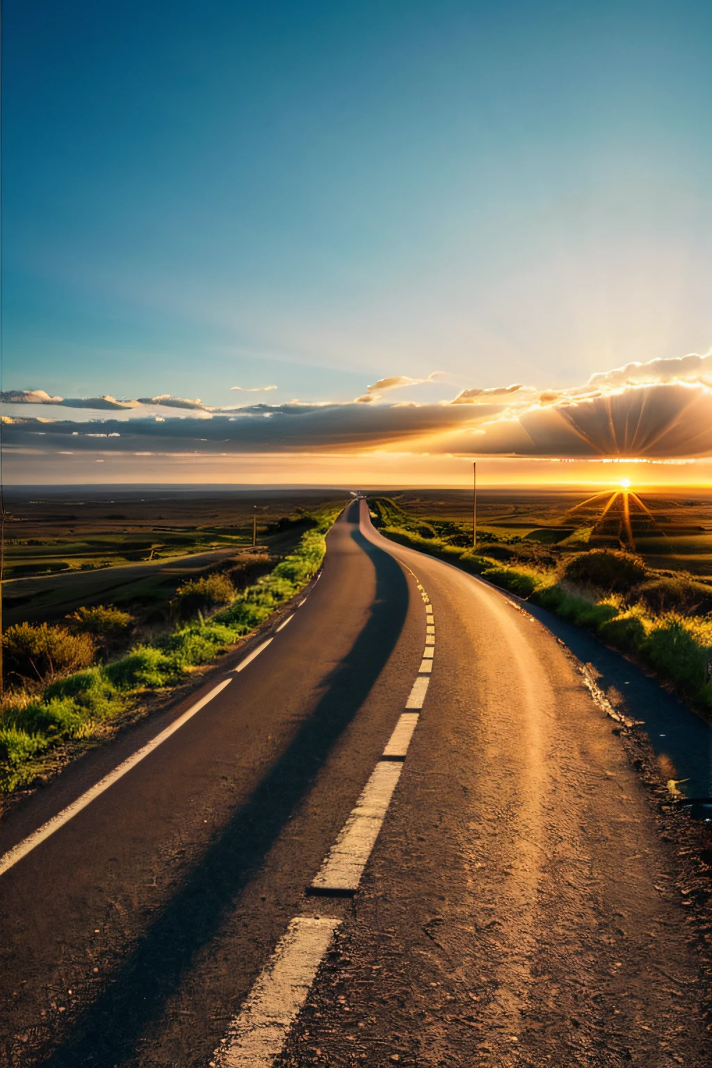 Image of a long and winding road，Bright light leading to the horizon,bright morning，suns rays