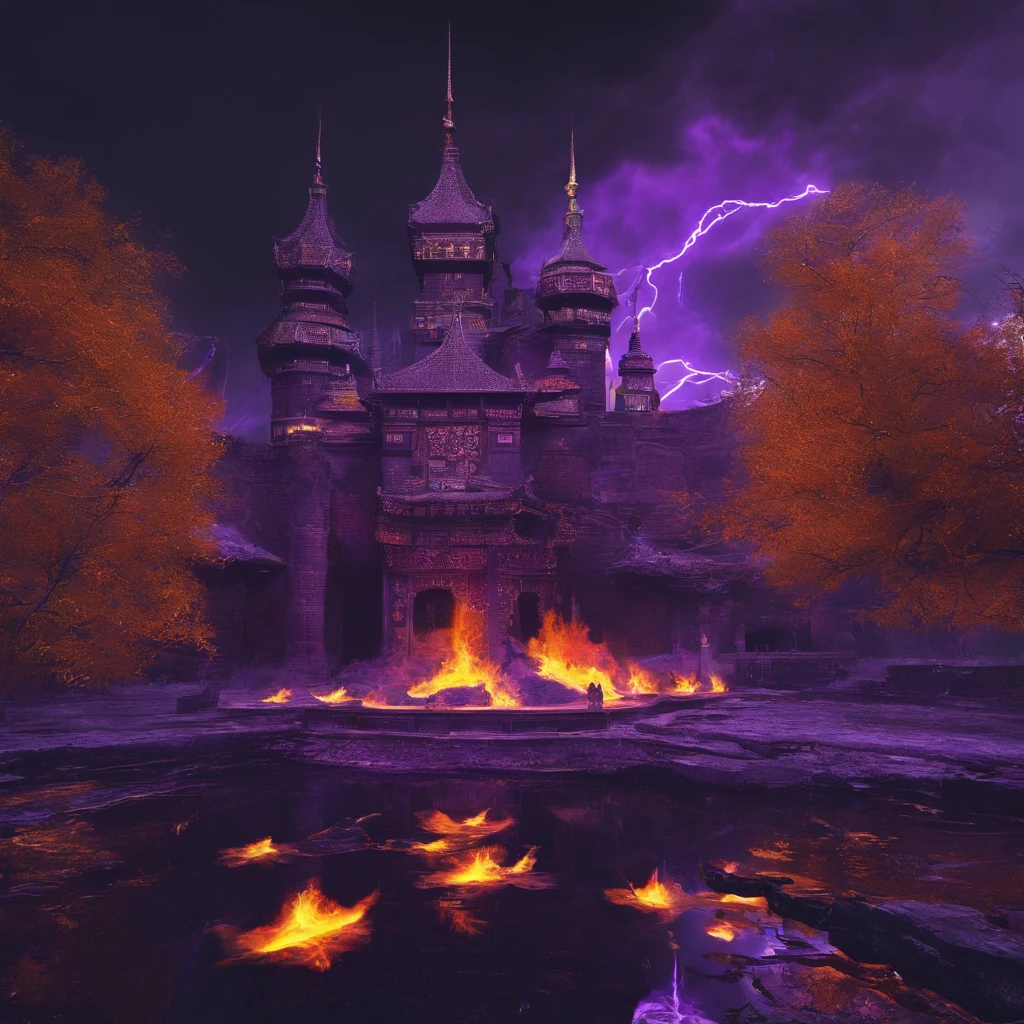 In heavy rain,((A huge castle complex of ancient square-topped stones burning in the fire))The picture quality is excellent,Lightning,Yellow light fog,电影灯光,Natural, realistic colors,Full composition,The style refers to Van Gogh,Subject content,Burning wooden ancient domed stone giant castle game scene 1:60 miniatures,Lightning and lightning,Agate glass texture 32K(tmasterpiece,k hd,hyper HD,32K)Long flowing bright purple hair,Autumn Pond,zydink, a color, Asian people (Kizi), (Red scarf), Combat posture, looking at the ground, long whitr hair, Floating bright purple, Fire cloud pattern gold tiara, Chinese long-sleeved gold silk garment, (abstract ink splash:1.2), white backgrounid,Lotus protector(realisticlying:1.4),Bright purple hair,Smoke on the road,The background is pure, A high resolution, the detail, RAW photogr, Sharp Re, Nikon D850 Film Stock Photo by Jefferies Lee 4 Kodak Portra 400 Camera F1.6 shots, Rich colors, ultra-realistic vivid textures, Dramatic lighting, Unreal Engine Art Station Trend, cinestir 800,Long flowing bright purple hair