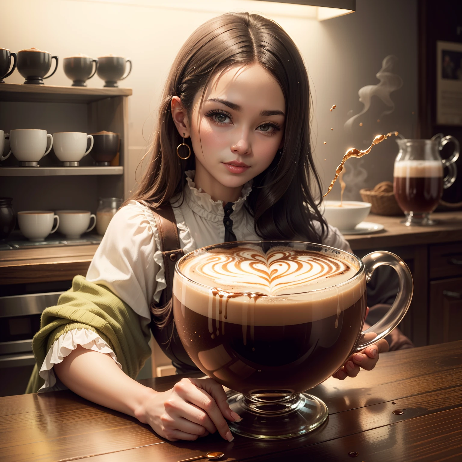 Cute woman drinking cappuccino latte in glass cup