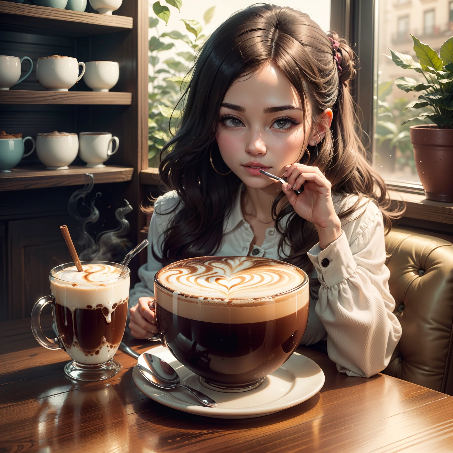 pretty girl drinking a cappuccino latte in a glass cup